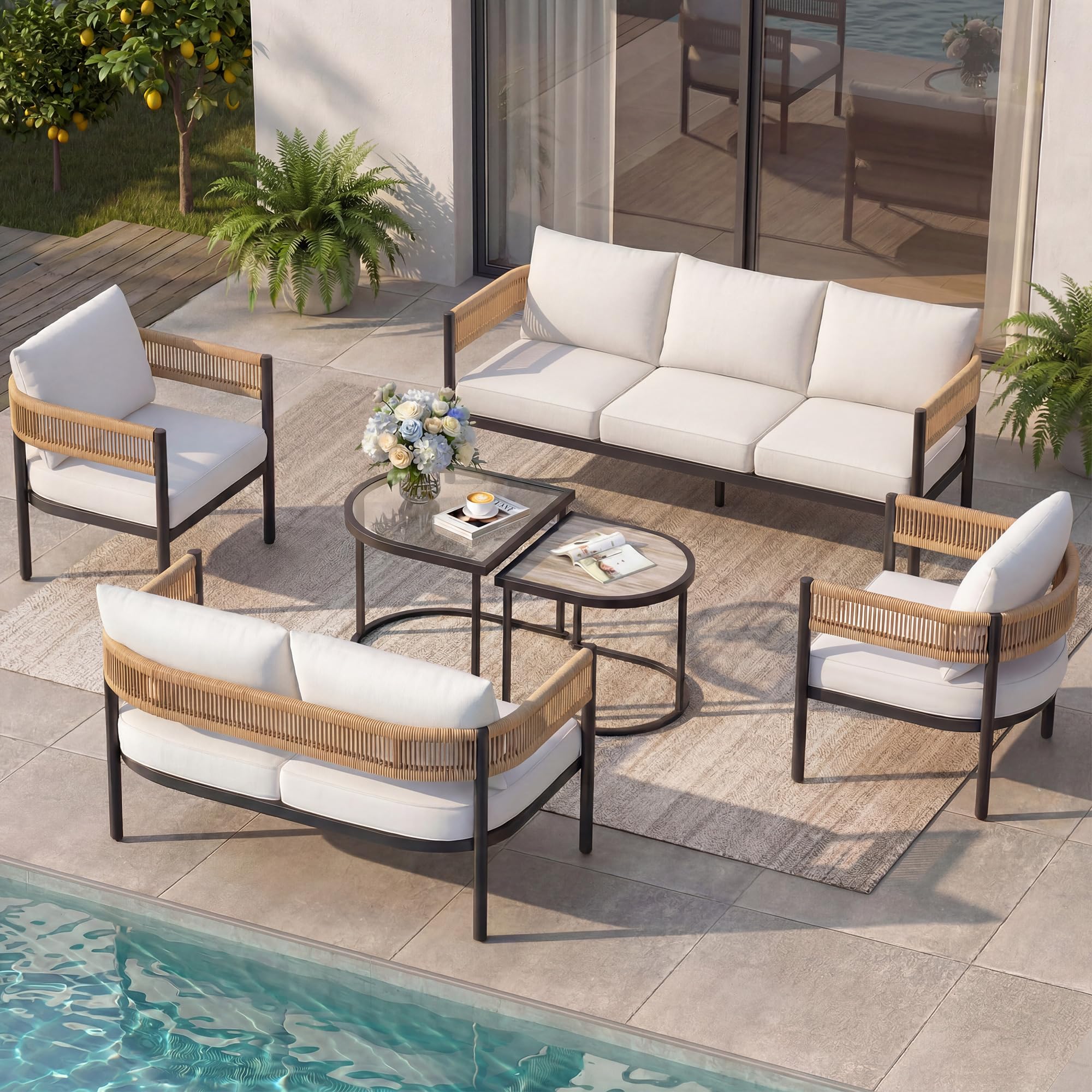 Gand Patio Outdoor 3-Seat Couch Sofa, Wicker Conversation Set with Thick Cushion for Porch, Garden, Yard, Natural