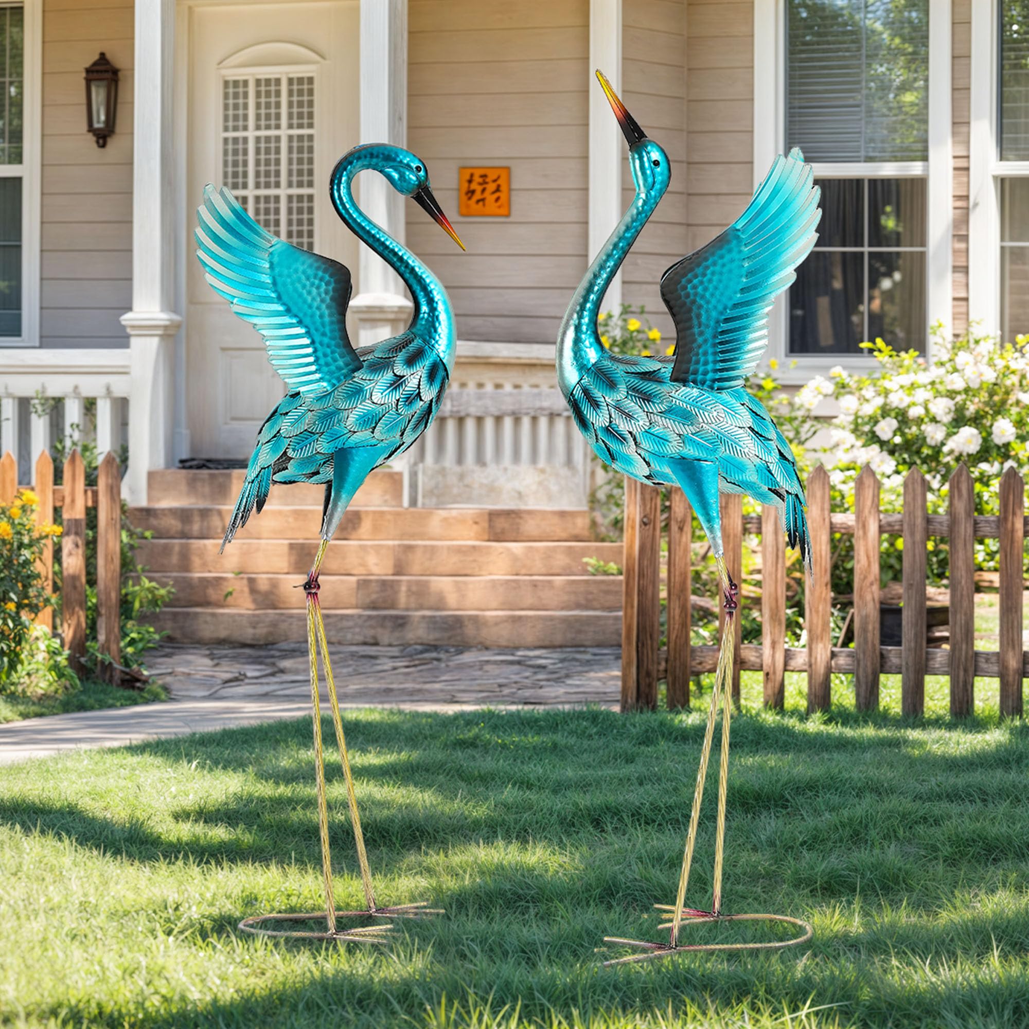 36.8" Extra-Large Blue Heron Decor, Handcrafted Metal Crane Statue with Stable U-Ground Stakes, Backyard Decoration, Metal Garden Bird Animal Yard Art, Lawn Ornament Decor