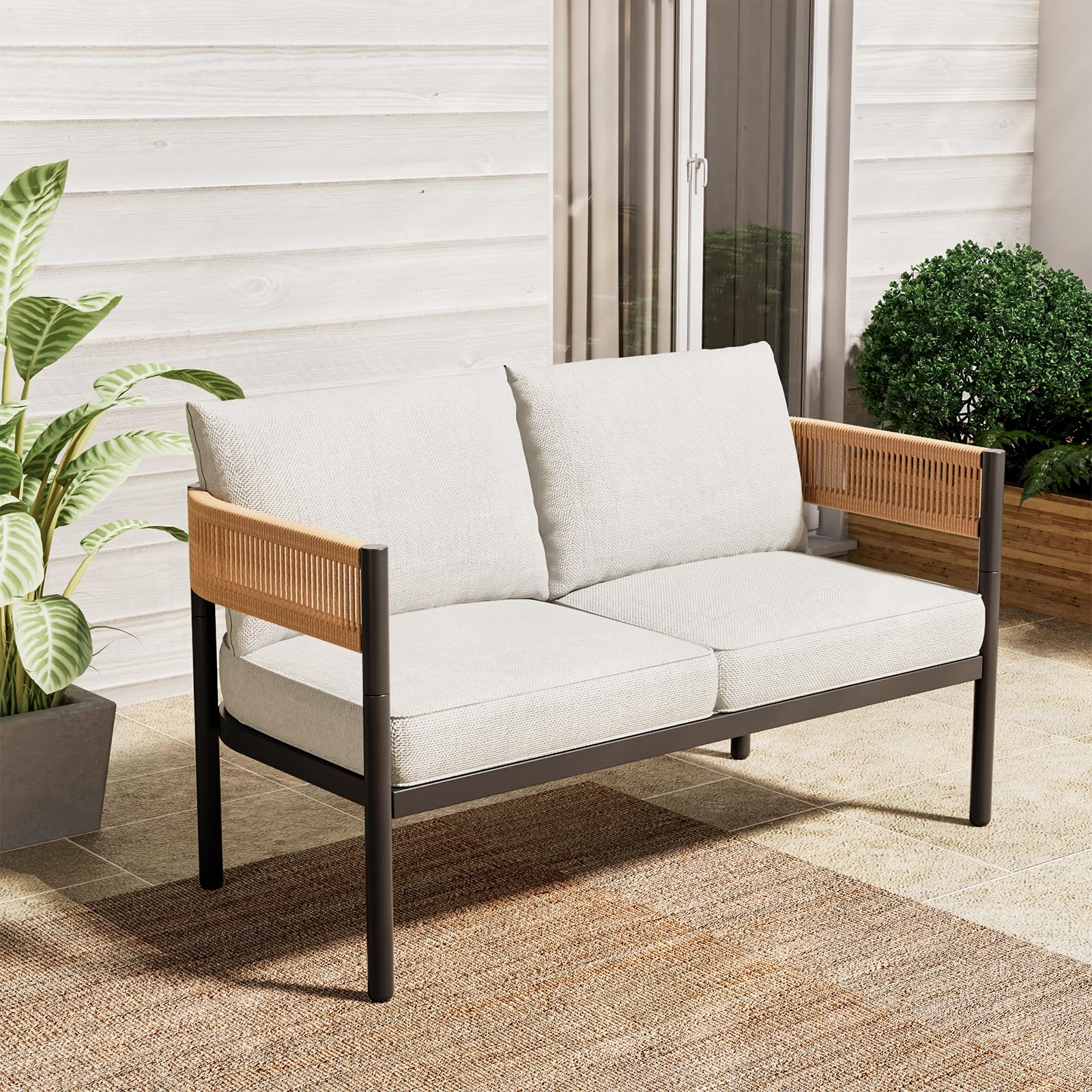 Gand Patio Outdoor 3-Seat Couch Sofa, Wicker Conversation Set with Thick Cushion for Porch, Garden, Yard, Natural