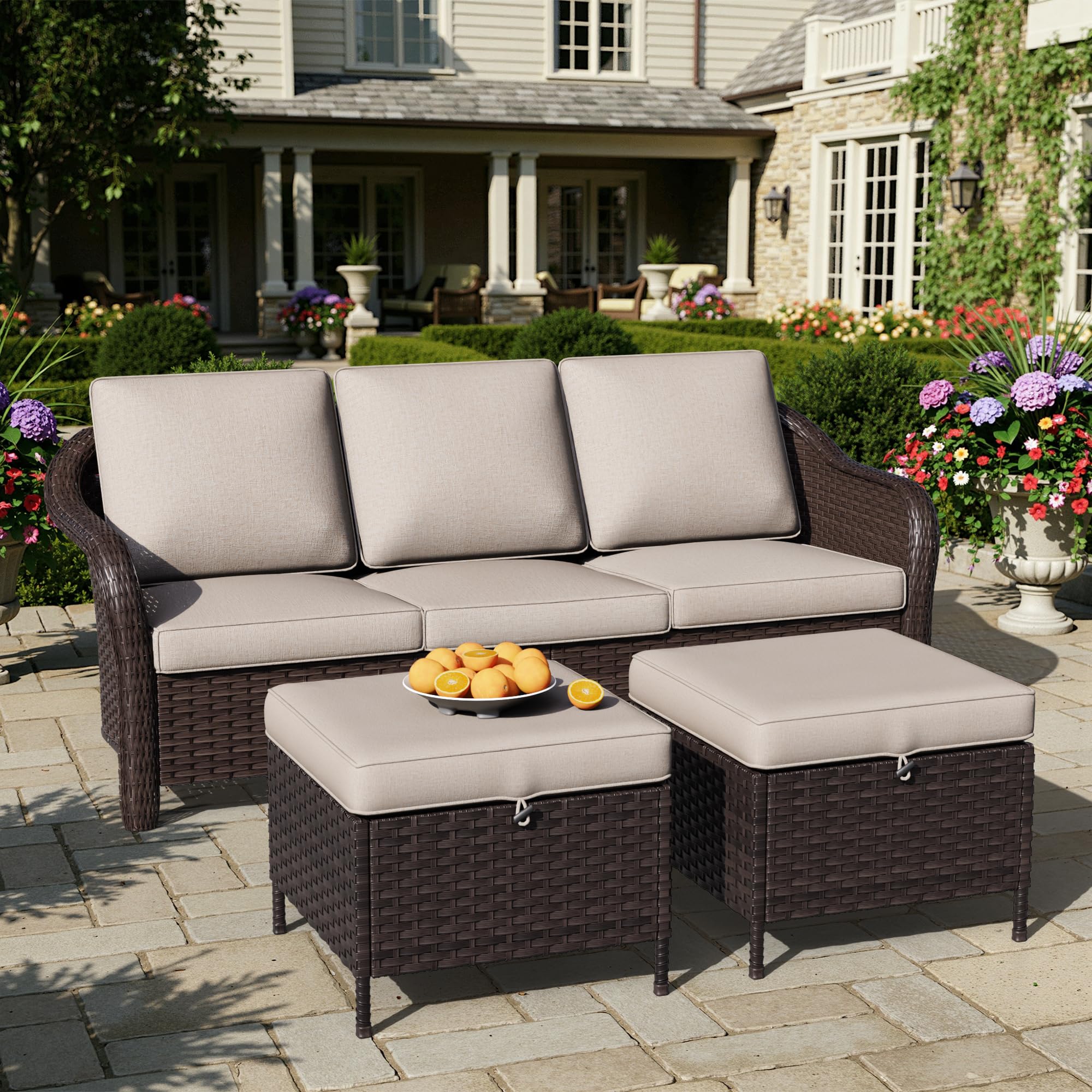 77 inch Outdoor Wicker 3 Seater Sofa, All-Weather Use Patio Rattan Sofa with Seat and Back Cushion, Ideal for Porch, Backyard, Balcony, Poolside, Beige