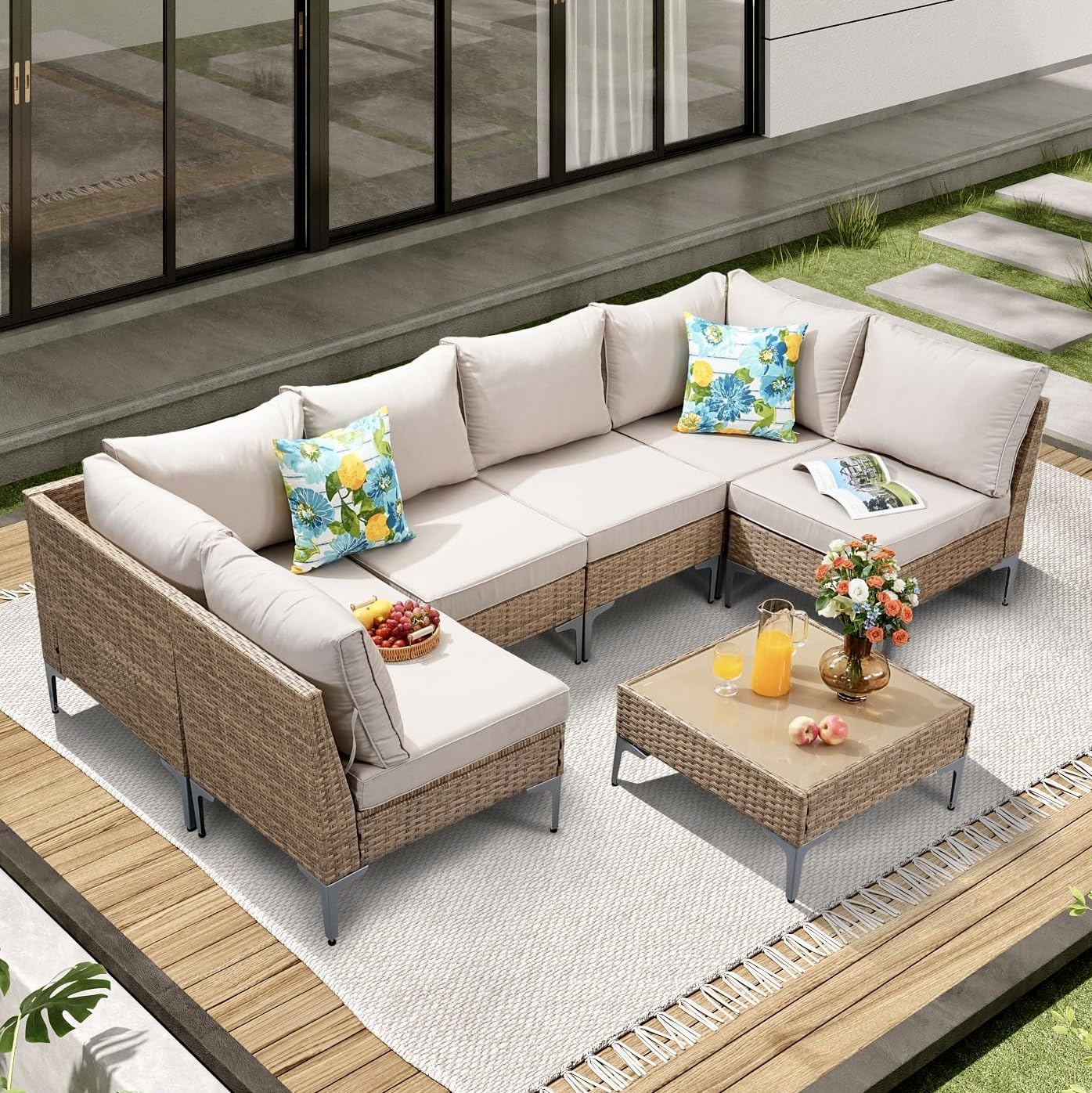 JOYURE 5 Piece Wicker Patio Furniture Set,Outdoor Conversation Sectional Sofa w/Coffee Table,All-Weather Outdoor Sofa with Thick and Anti-Slip Cushions for Deck,Poolside,Garden,Beige