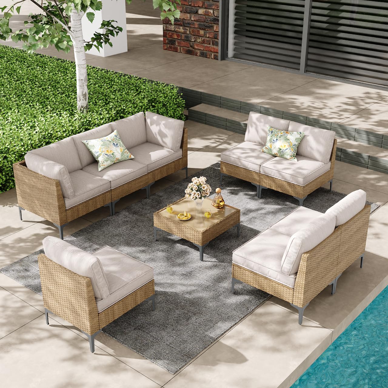 JOYURE 5 Piece Wicker Patio Furniture Set,Outdoor Conversation Sectional Sofa w/Coffee Table,All-Weather Outdoor Sofa with Thick and Anti-Slip Cushions for Deck,Poolside,Garden,Beige