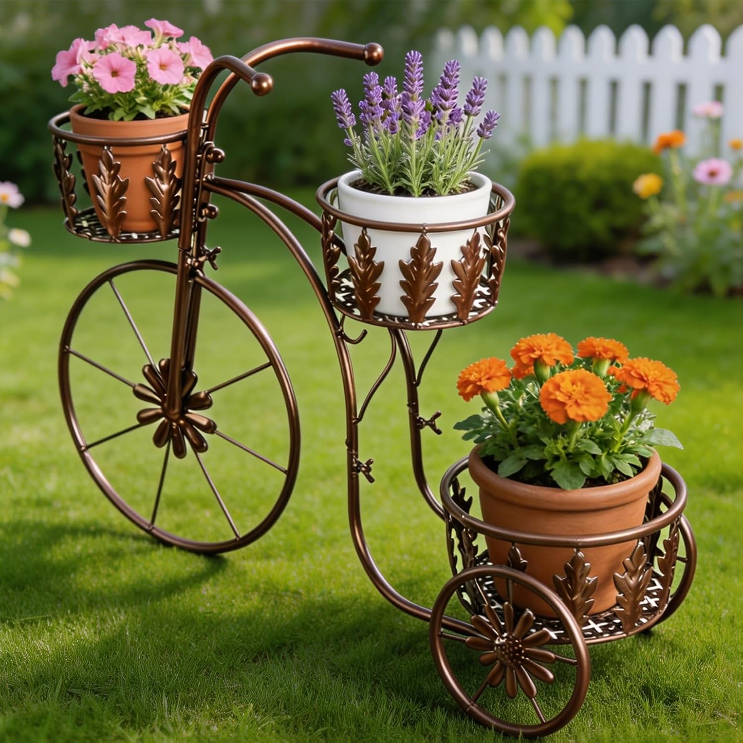 Metal Bicycle Planter Stand, 3 Tier Flower Pot Stand Cart with 3 Plant Buckets, Outdoor Garden Decorative Planter for Yard Patio Lawn Flower Shop Home Decor (Bronze)