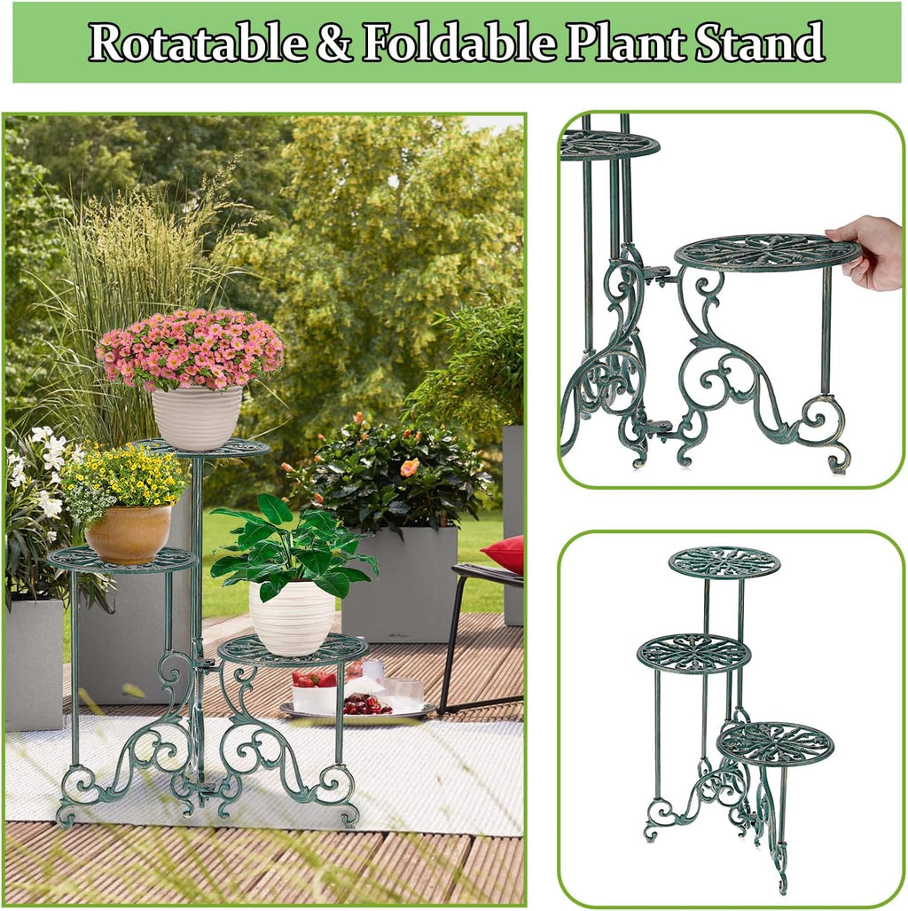 OwnMy 3 Tier Heavy Duty Cast Iron Plant Stand Foldable Wrought Iron Flower Pot Holder, Indoor Outdoor Tall Plant Stand Shelf for Garden Patio, Decorative Round Metal Plant Display Rack, Antique Green