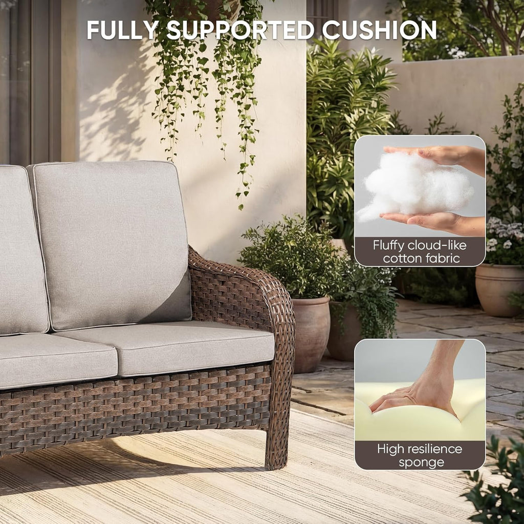 Outdoor Patio Loveseat, All-Weather Hand-Woven PE Wicker 2 Seat Sofa with Thick Cushions, High Back & Deep Seat, Ergonomic Design for Porch, Deck, Balcony, Garden, and Backyard(Beige)