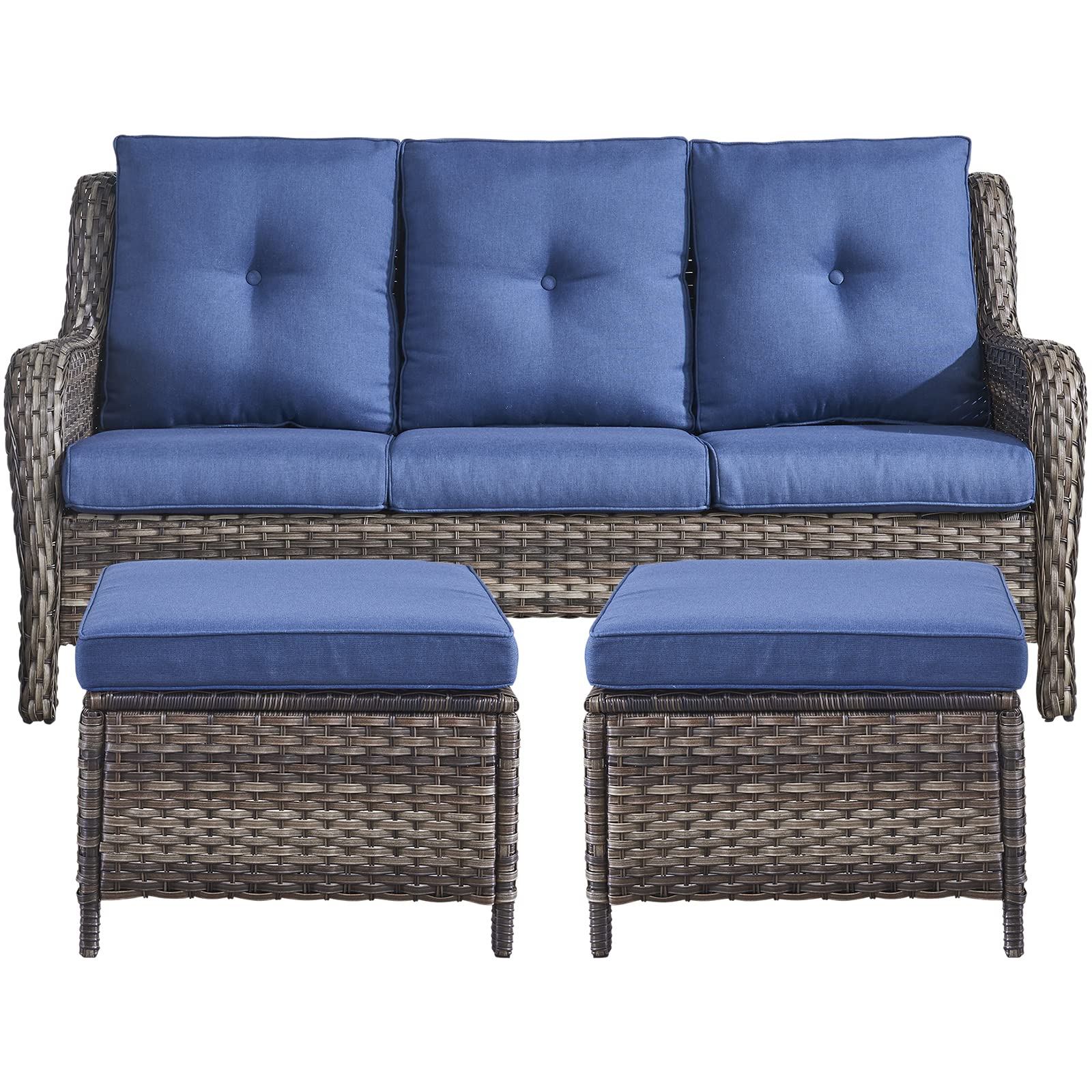 Rilyson Outdoor Patio Wicker Sofa 900Lbs Weight Capacity, Large 3 Seater Wicker Patio Couch with 4in Seat Cushions and Deep Seating, All Weather for Backyard, Garden, Poolside (Yellow/Blue)