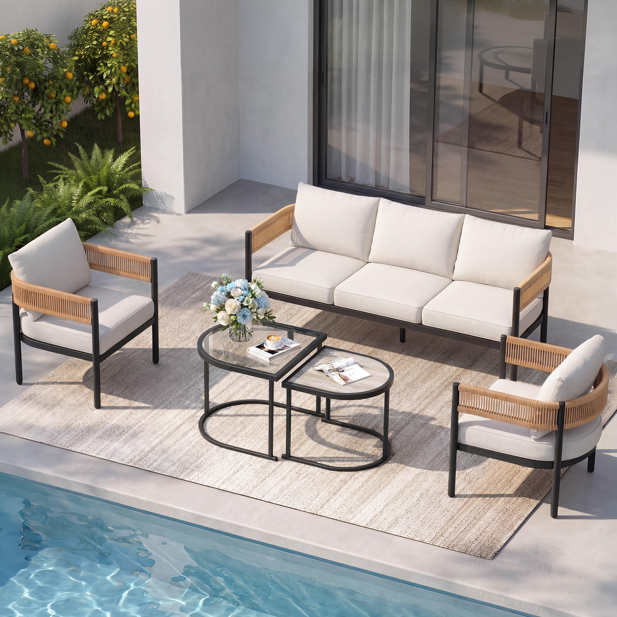 Gand Patio Outdoor 3-Seat Couch Sofa, Wicker Conversation Set with Thick Cushion for Porch, Garden, Yard, Natural