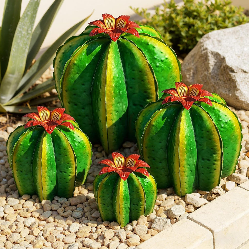 KODIBO Metal Cactus Yard Art, 4-Pack Desert Steel Garden Decor, Artificial Barrel Cactus with Flower Tops, Weather-Resistant Garden Sculptures & Statues, Outdoor Decorations for Patio Lawn Porch