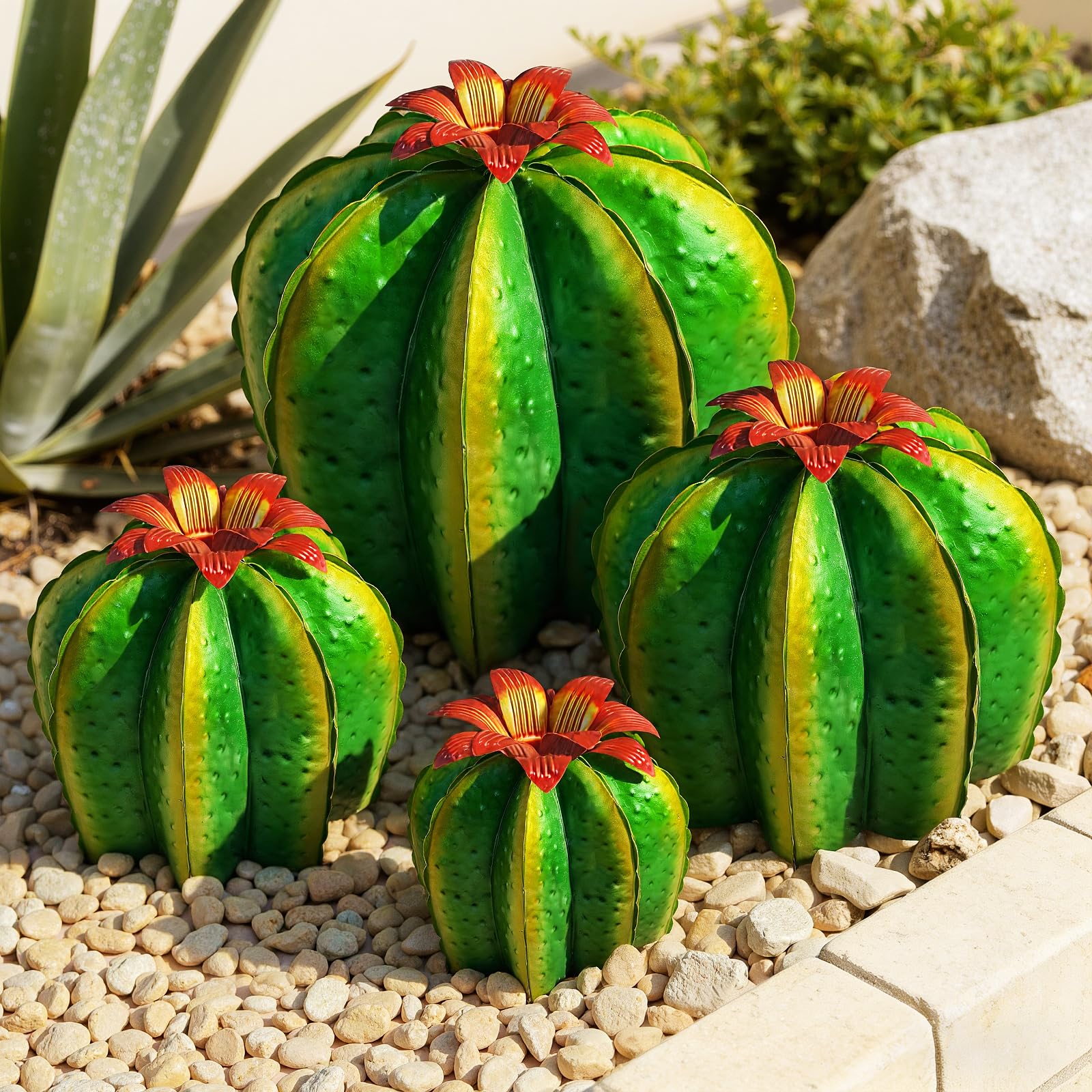 KODIBO Metal Cactus Yard Art, 4-Pack Desert Steel Garden Decor, Artificial Barrel Cactus with Flower Tops, Weather-Resistant Garden Sculptures & Statues, Outdoor Decorations for Patio Lawn Porch