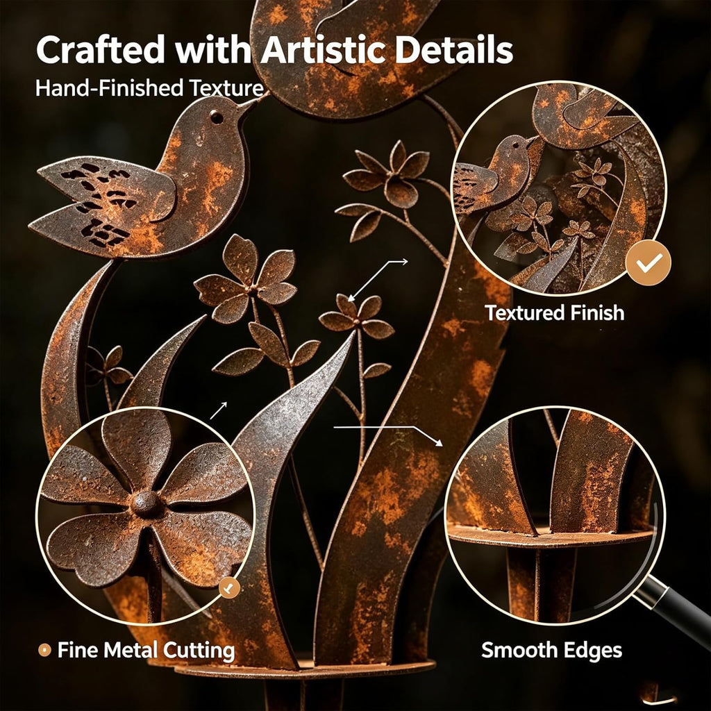 Bird & Wildflower Metal Garden Stake, Decorative Plant Stakes with Floral Design Handmade Flower Shaped Sculpture, Rustic Garden Art Decor Gift for for Flower Bed Planters Patio & Lawn Lovers(2PCS)