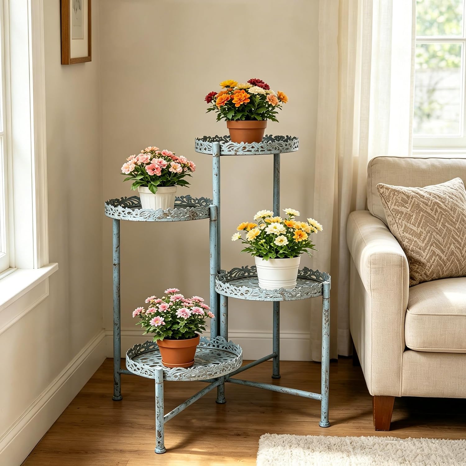 4-Tier Vintage Distressed Blue Metal Plant Stand, Foldable Corner Flower Pot Holder Shelf for Indoor Outdoor, Rustic Plant Rack for Patio Porch Garden Balcony Living Room