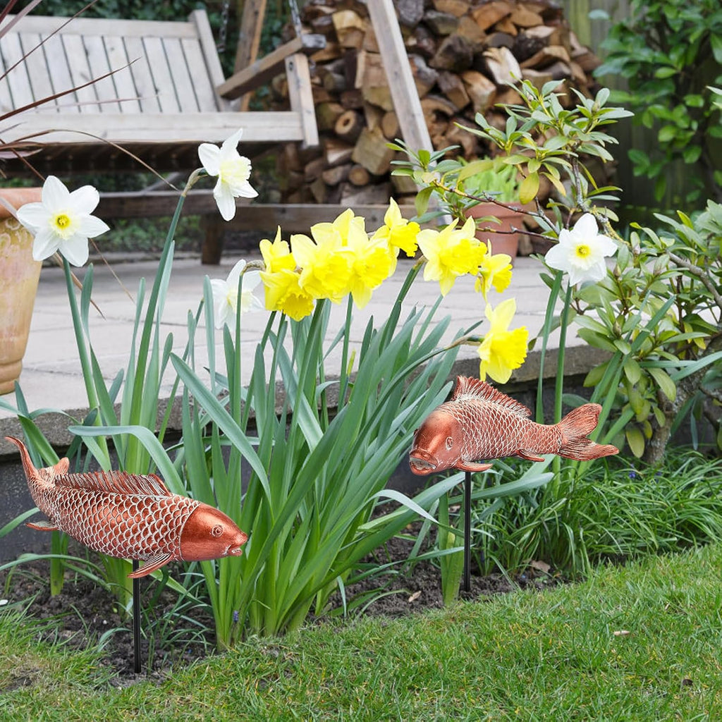 Garden Statues Koi Fish Decor Outdoor Garden Fish Statues, Set of 2 Antique Copper Koi Art Sculptures for Patio, Backyard, Pond and Home Decor, Best Gardening Gifts for Women Mom