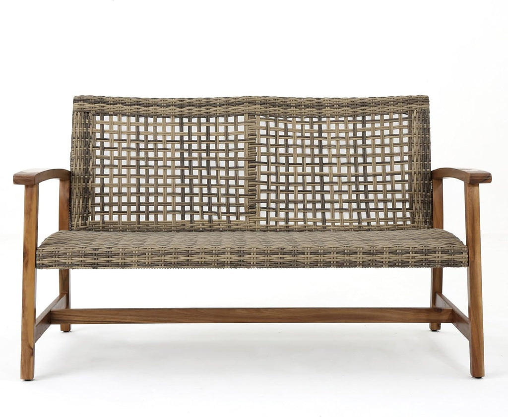 Merax Outdoor Patio Wicker Sofa, Small Casual Couch Loveseat with High Back & Armrest, Acacia Wooden Furniture for Backyard Garden, Waterr Resistant, Iron Seat Frame, Brown
