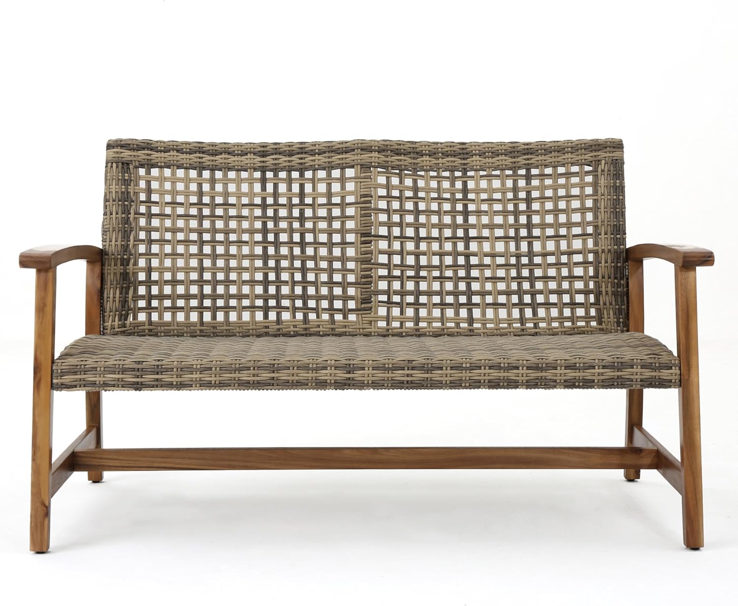 Merax Outdoor Patio Wicker Sofa, Small Casual Couch Loveseat with High Back & Armrest, Acacia Wooden Furniture for Backyard Garden, Waterr Resistant, Iron Seat Frame, Brown