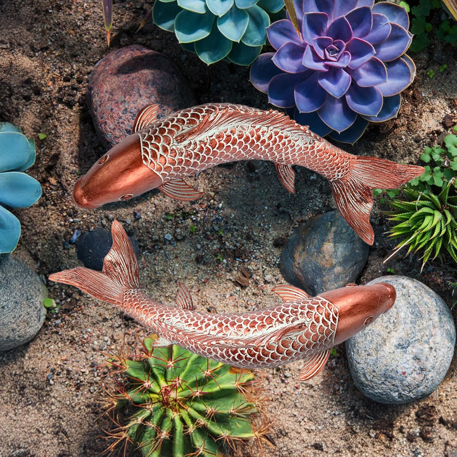 Garden Statues Koi Fish Decor Outdoor Garden Fish Statues, Set of 2 Antique Copper Koi Art Sculptures for Patio, Backyard, Pond and Home Decor, Best Gardening Gifts for Women Mom