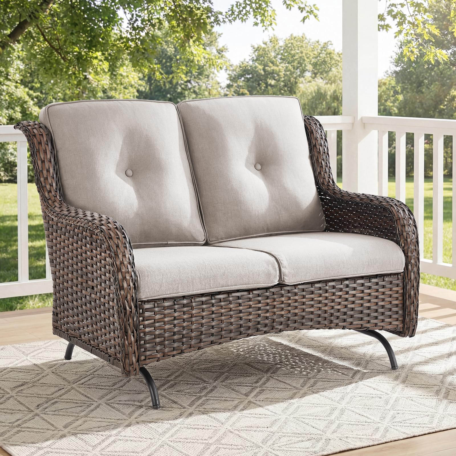 Outdoor Patio Loveseat, All-Weather Hand-Woven PE Wicker 2 Seat Sofa with Thick Cushions, High Back & Deep Seat, Ergonomic Design for Porch, Deck, Balcony, Garden, and Backyard(Beige)