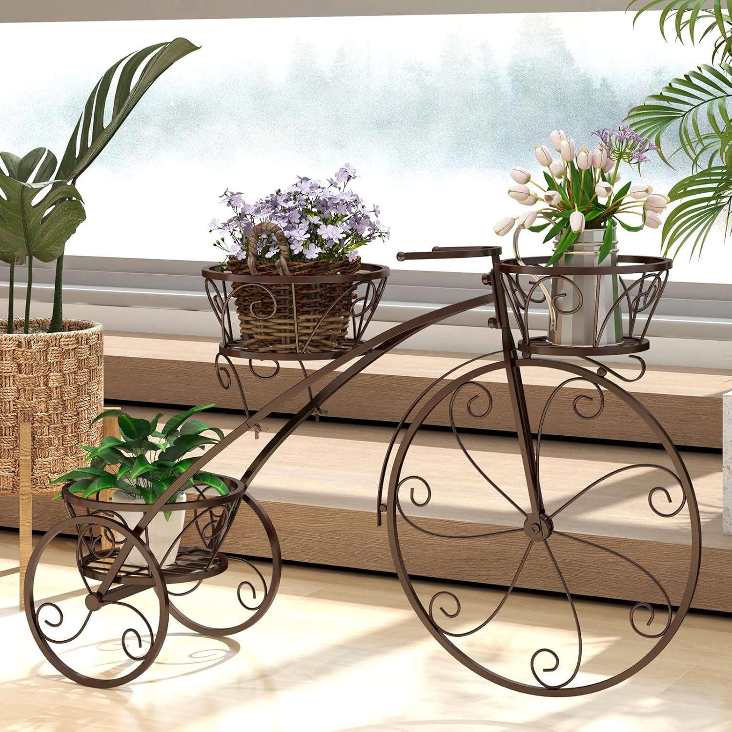 DREAMADE 3-tier Bicycle Planter, Vintage Tricycle Plant Display Cart w/ Openwork Baskets & Fixed Wheels, European-Inspired Metal Decorative Plant Stand for Gardens, Patios, Balconies (Bronze)