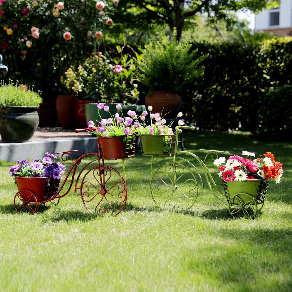 Morning View Retro Metal Tricycle Plant Stand Flower Pot Cart Holder Iron Garden Rack Metal Plant Stand for Indoor Outdoor Home Decor