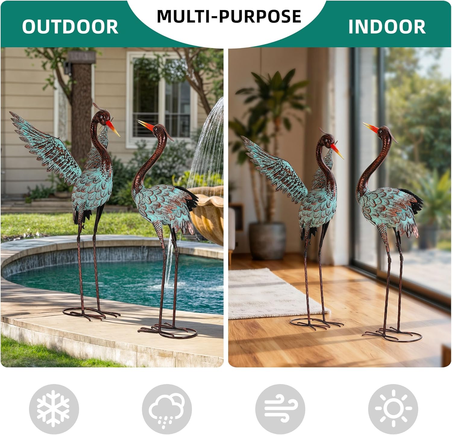 36.8" Extra-Large Blue Heron Decor, Handcrafted Metal Crane Statue with Stable U-Ground Stakes, Backyard Decoration, Metal Garden Bird Animal Yard Art, Lawn Ornament Decor