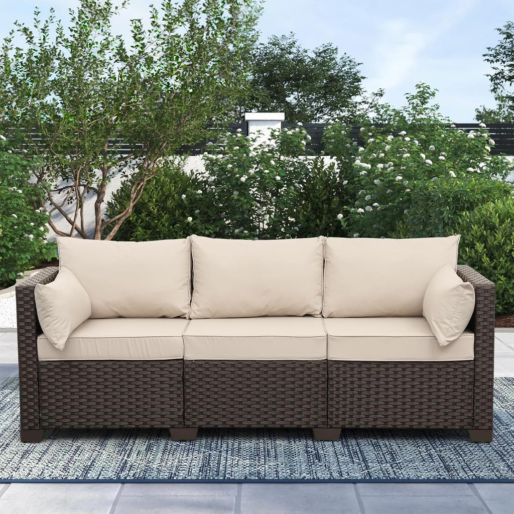 Rattan Star Outdoor Furniture Couch 3 Seater Sofa Outdoor Brown Wicker Sofa Deep Seat High Backrest Patio Couch with Non-Slip Cushions Waterproof Cover, Khaki