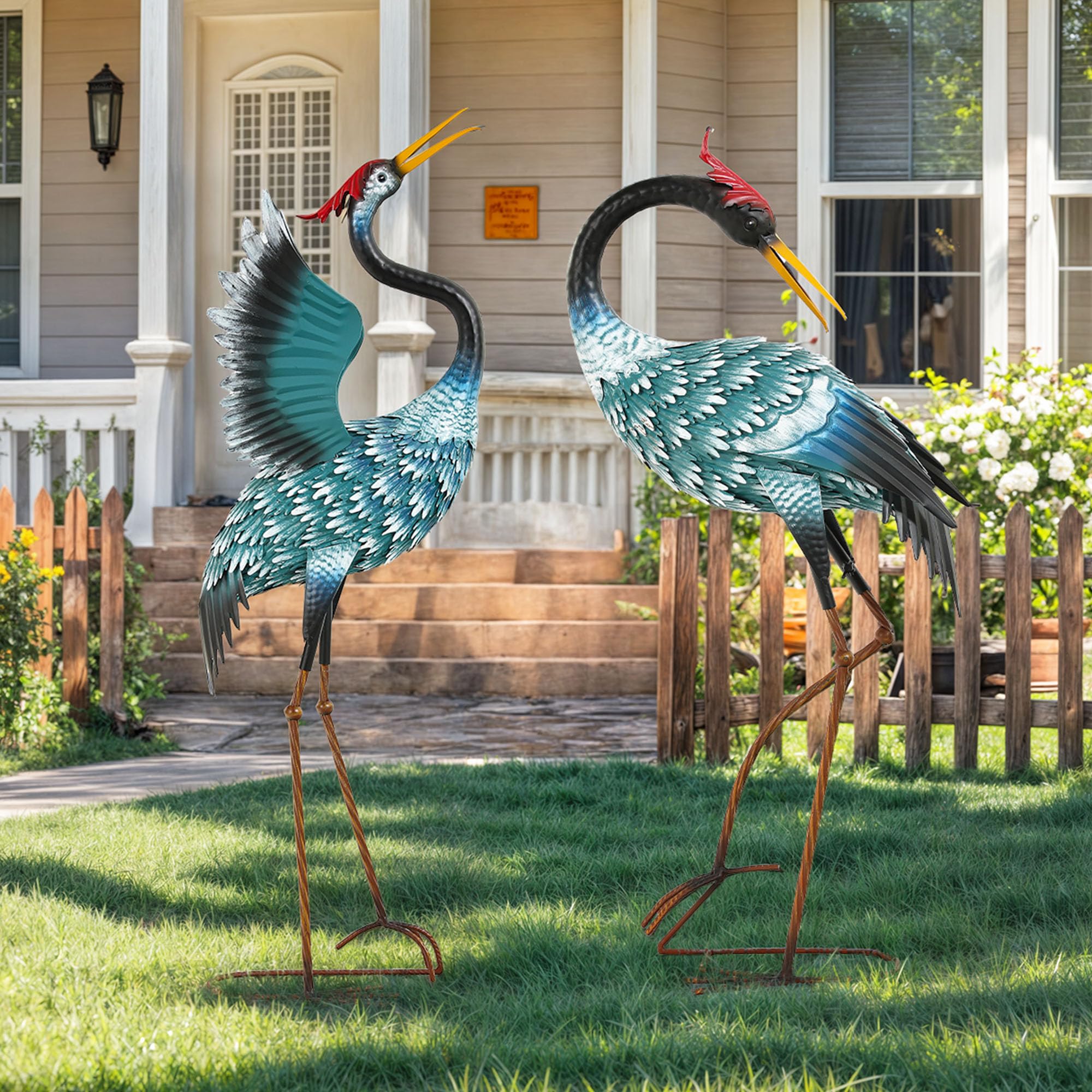 45.3" Tall Extra Large Metal Crane Decor, Handcrafted Distressed Bronze Heron Sculpture with 4-Piece Secure Ground Stakes, Vintage Charm Outdoor Garden Statue Yard Art for Patio & Backyard Decor