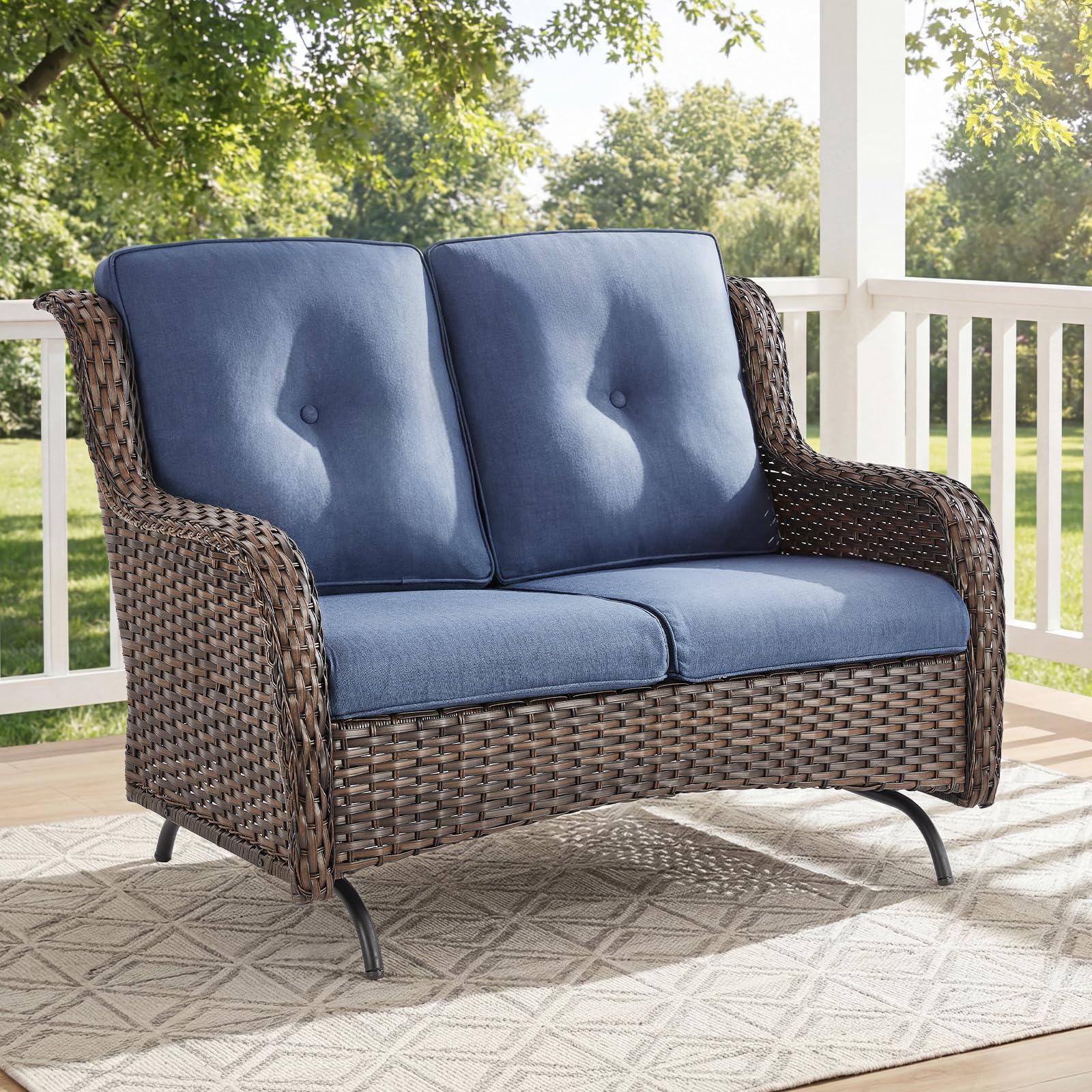 Outdoor Patio Loveseat, All-Weather Hand-Woven PE Wicker 2 Seat Sofa with Thick Cushions, High Back & Deep Seat, Ergonomic Design for Porch, Deck, Balcony, Garden, and Backyard(Beige)