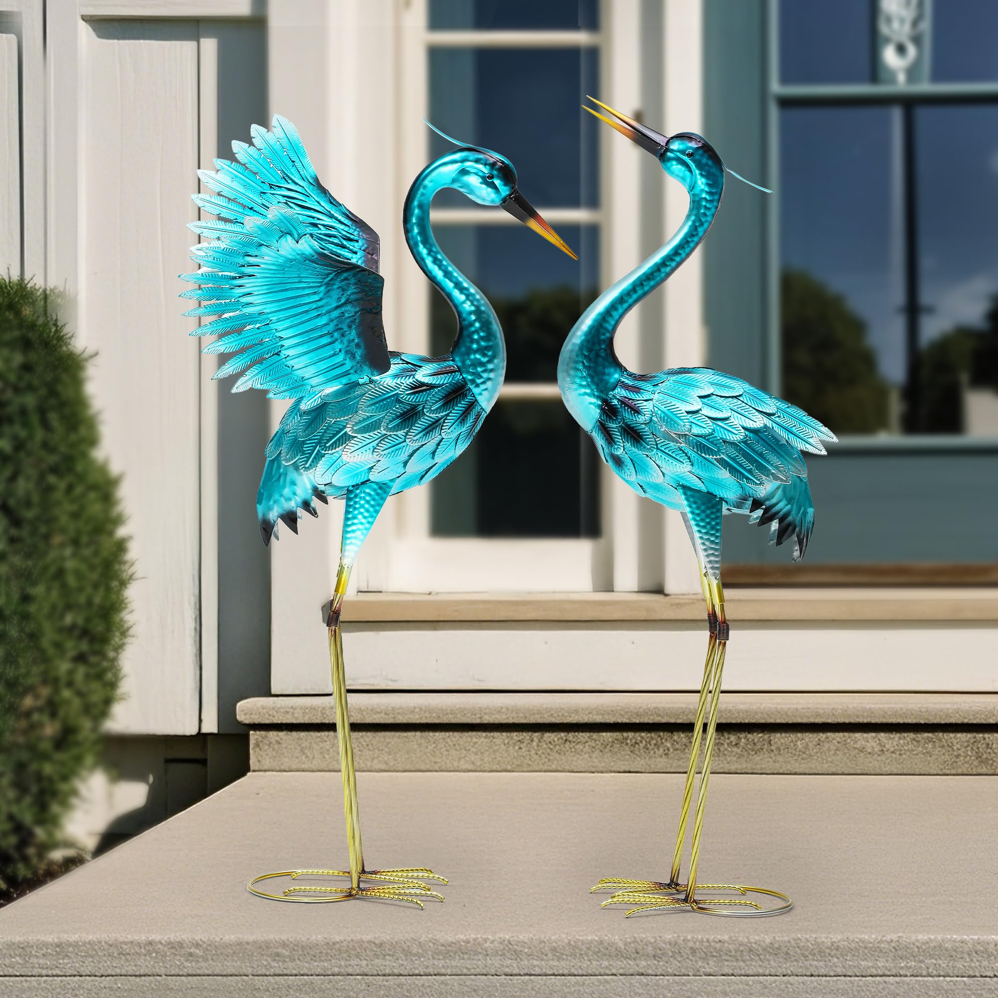 45.3" Tall Extra Large Metal Crane Decor, Handcrafted Distressed Bronze Heron Sculpture with 4-Piece Secure Ground Stakes, Vintage Charm Outdoor Garden Statue Yard Art for Patio & Backyard Decor