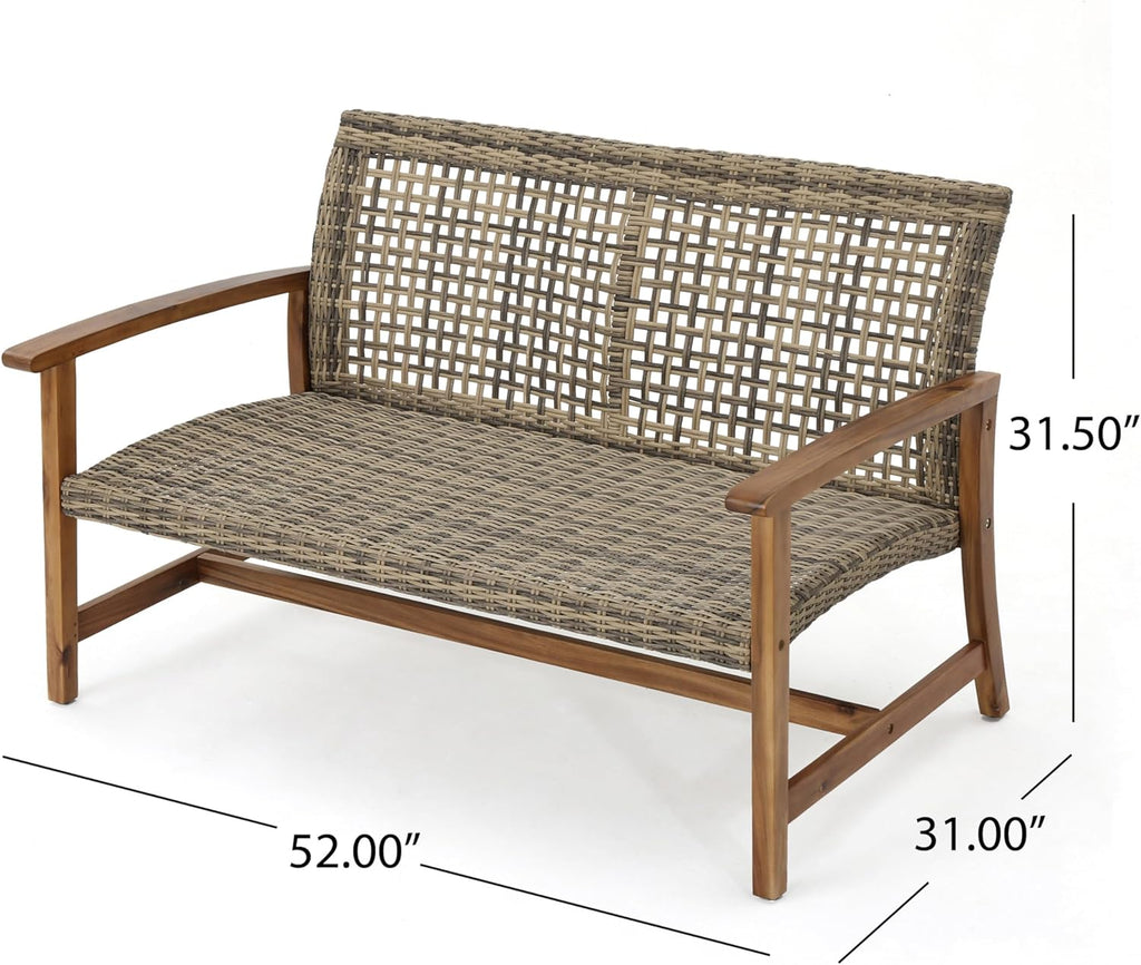 Merax Outdoor Patio Wicker Sofa, Small Casual Couch Loveseat with High Back & Armrest, Acacia Wooden Furniture for Backyard Garden, Waterr Resistant, Iron Seat Frame, Brown