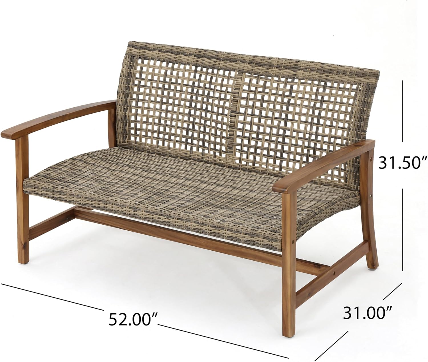 Merax Outdoor Patio Wicker Sofa, Small Casual Couch Loveseat with High Back & Armrest, Acacia Wooden Furniture for Backyard Garden, Waterr Resistant, Iron Seat Frame, Brown