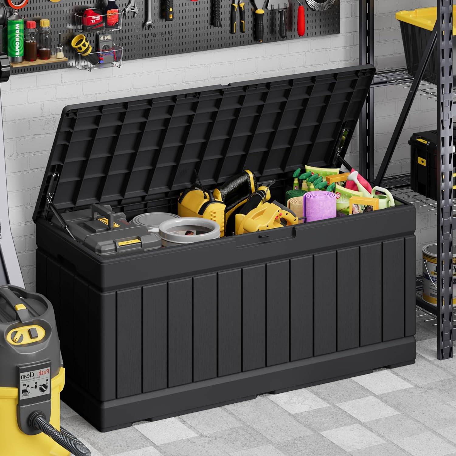 Devoko 78 Gallon Deck Box, Waterproof Resin Outdoor Storage Box for Outside and Patio, Outdoor Storage Bench Lockable for Patio Furniture, Garden Tools and Pool Supplies (Black, 78 Gallon)
