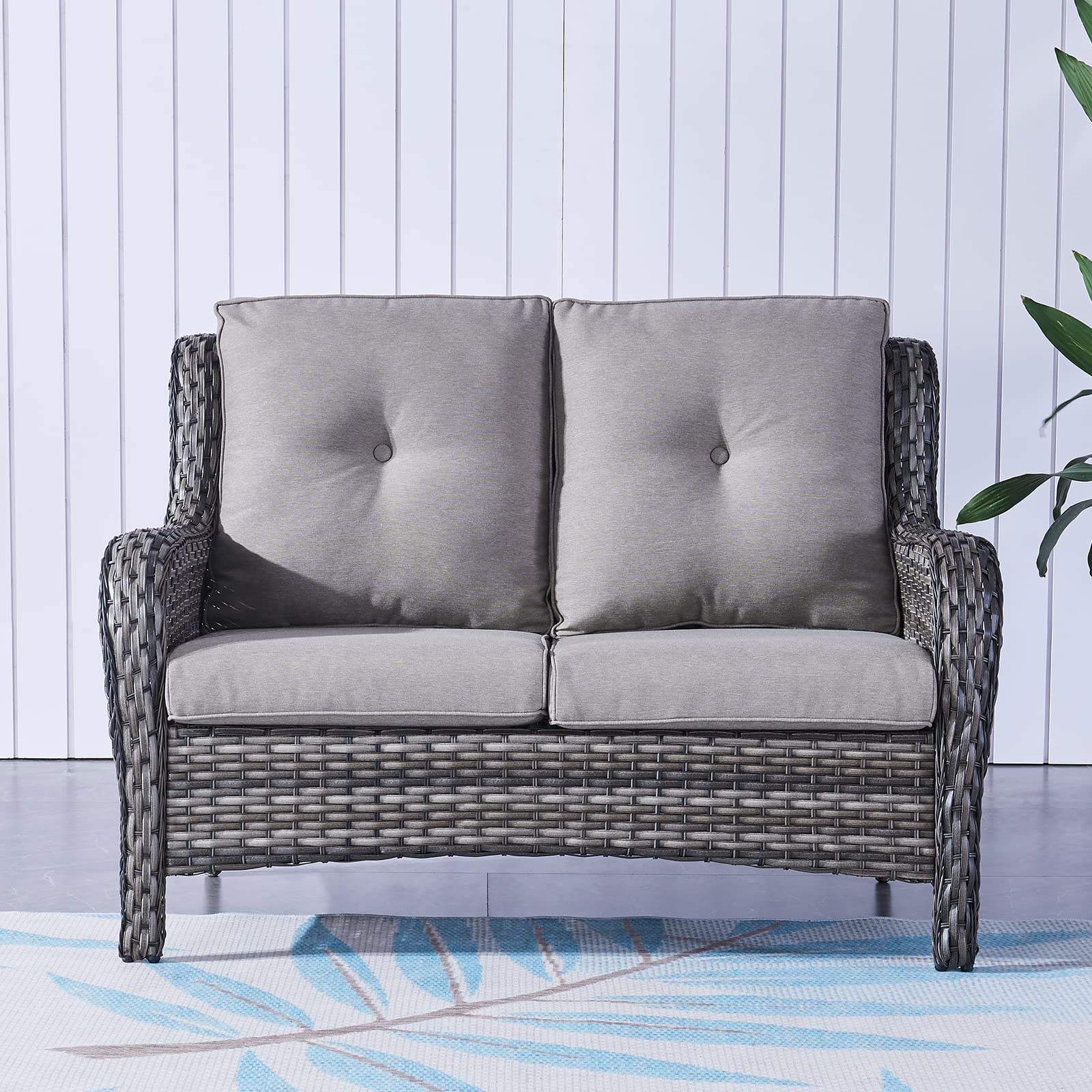 Rilyson Outdoor Patio Wicker Sofa 900Lbs Weight Capacity, Large 3 Seater Wicker Patio Couch with 4in Seat Cushions and Deep Seating, All Weather for Backyard, Garden, Poolside (Yellow/Blue)