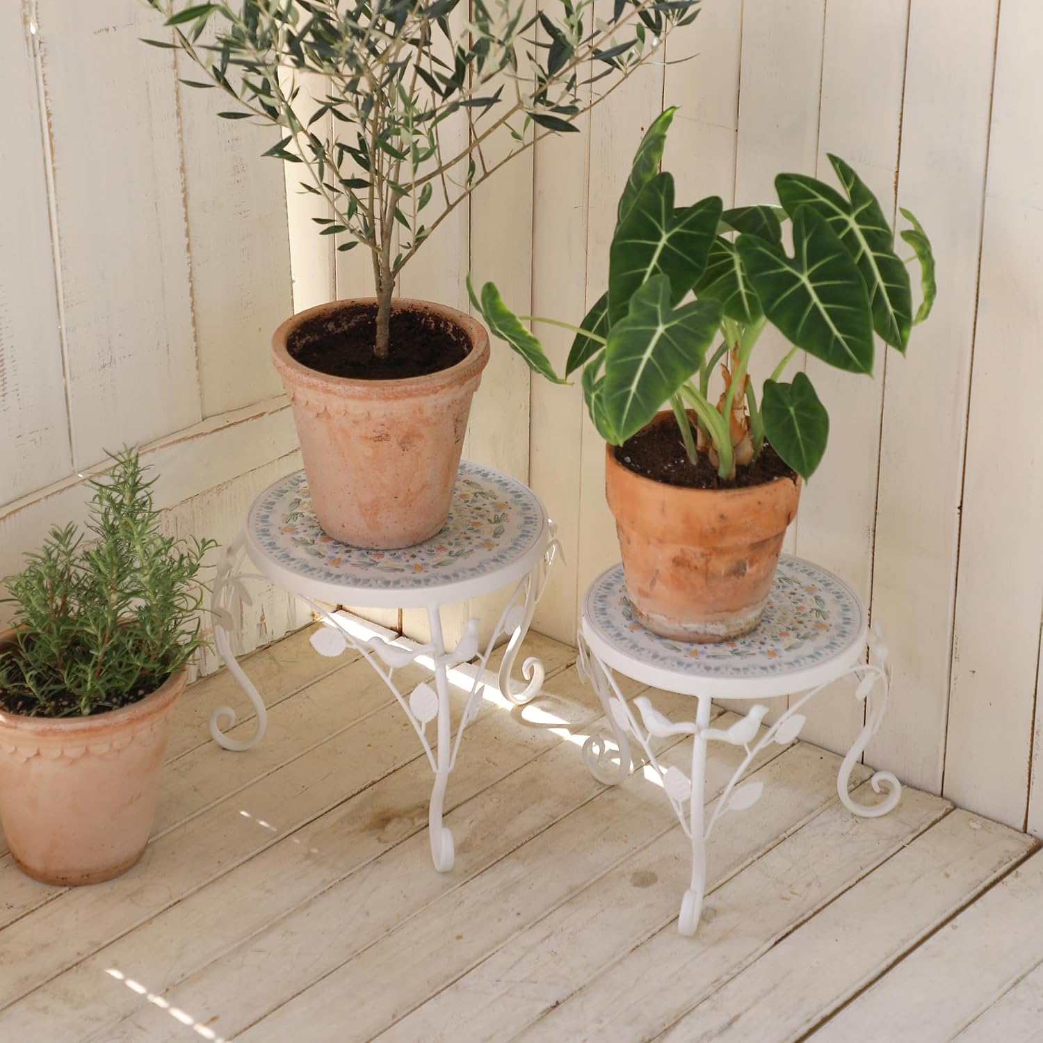 Set of 2 Plant Stand for Indoor Outdoor, Heavy Duty Cast Iron with 10" Ceramic Tile Top Plant Table, Tall Vintage Decorative Plant Rack, Mosaic Flower Pot Holder for Home Garden Porch Yard Patio