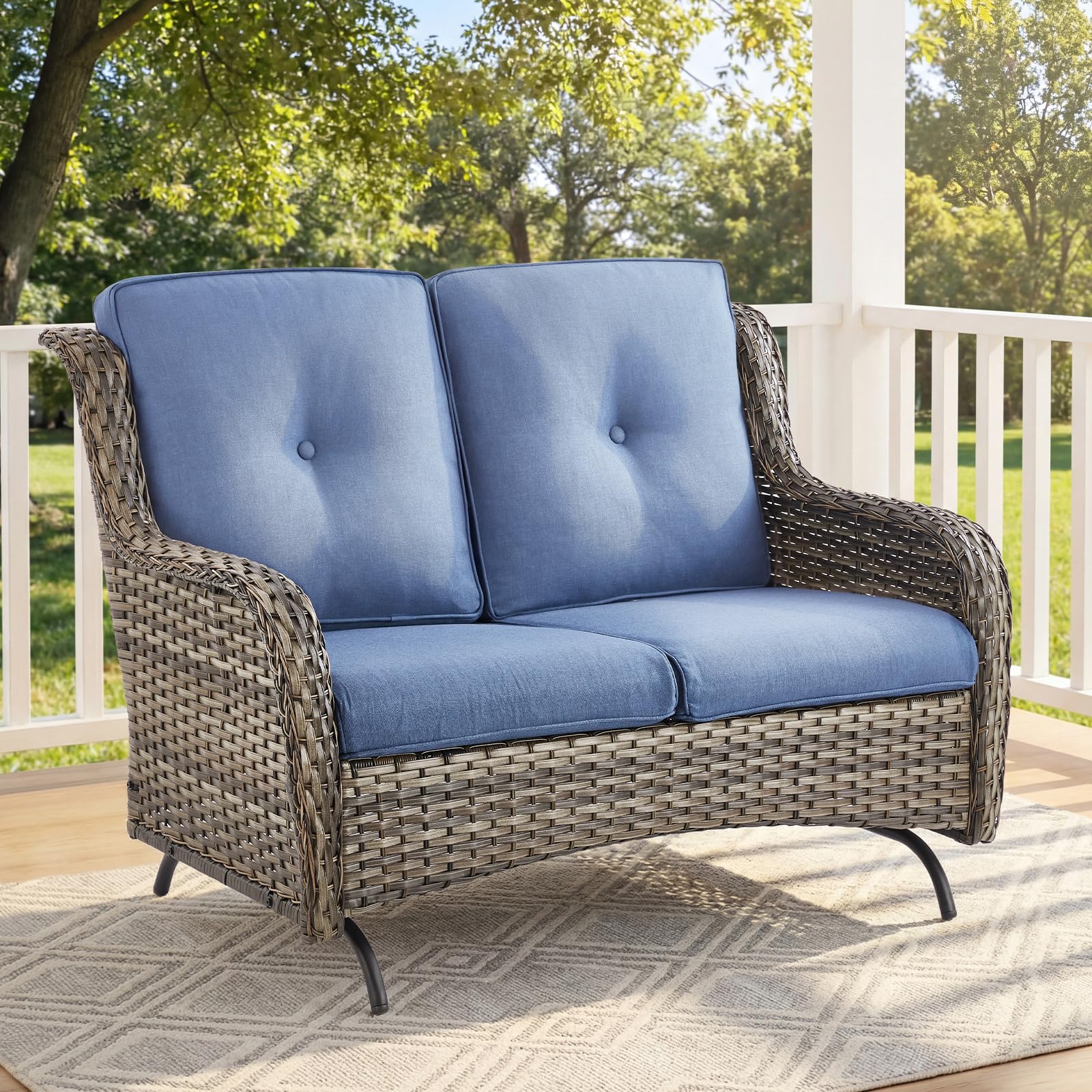 Outdoor Patio Loveseat, All-Weather Hand-Woven PE Wicker 2 Seat Sofa with Thick Cushions, High Back & Deep Seat, Ergonomic Design for Porch, Deck, Balcony, Garden, and Backyard(Beige)