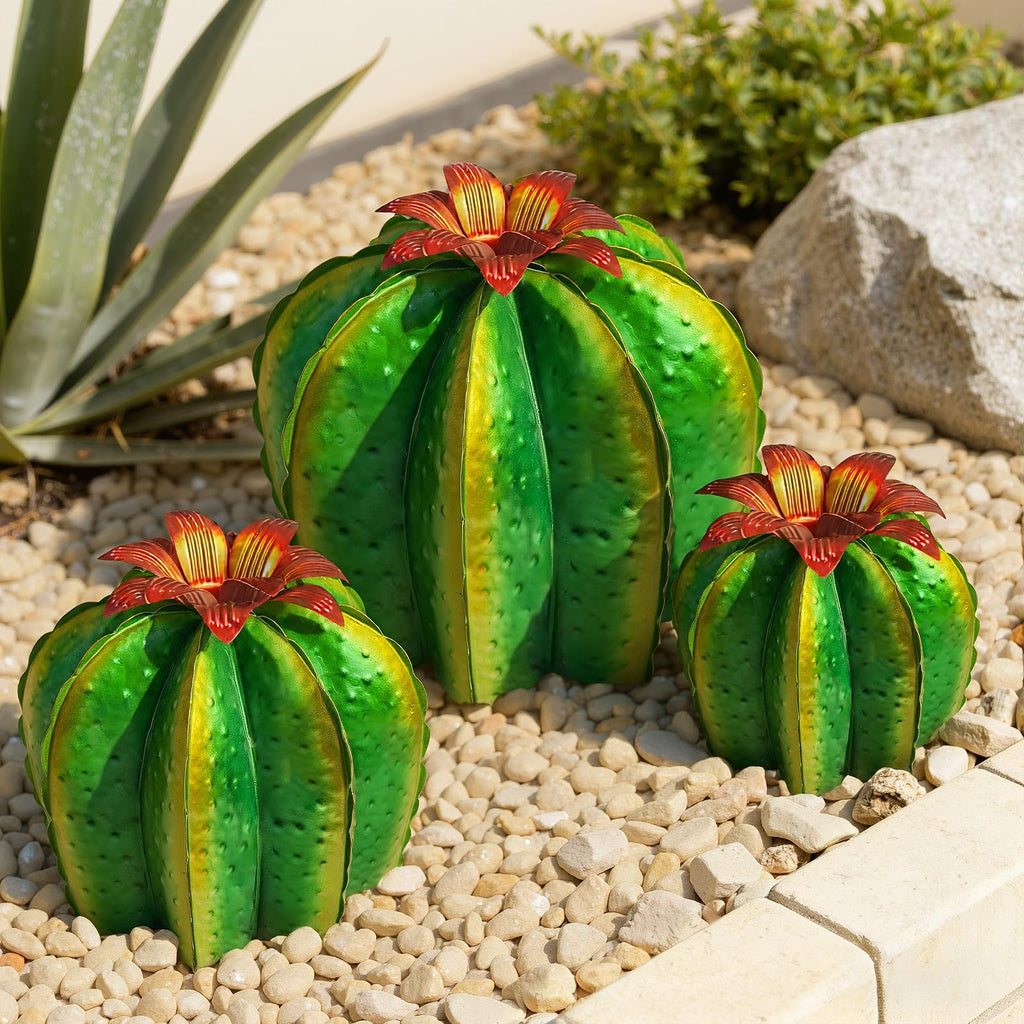 KODIBO Metal Cactus Yard Art, 4-Pack Desert Steel Garden Decor, Artificial Barrel Cactus with Flower Tops, Weather-Resistant Garden Sculptures & Statues, Outdoor Decorations for Patio Lawn Porch