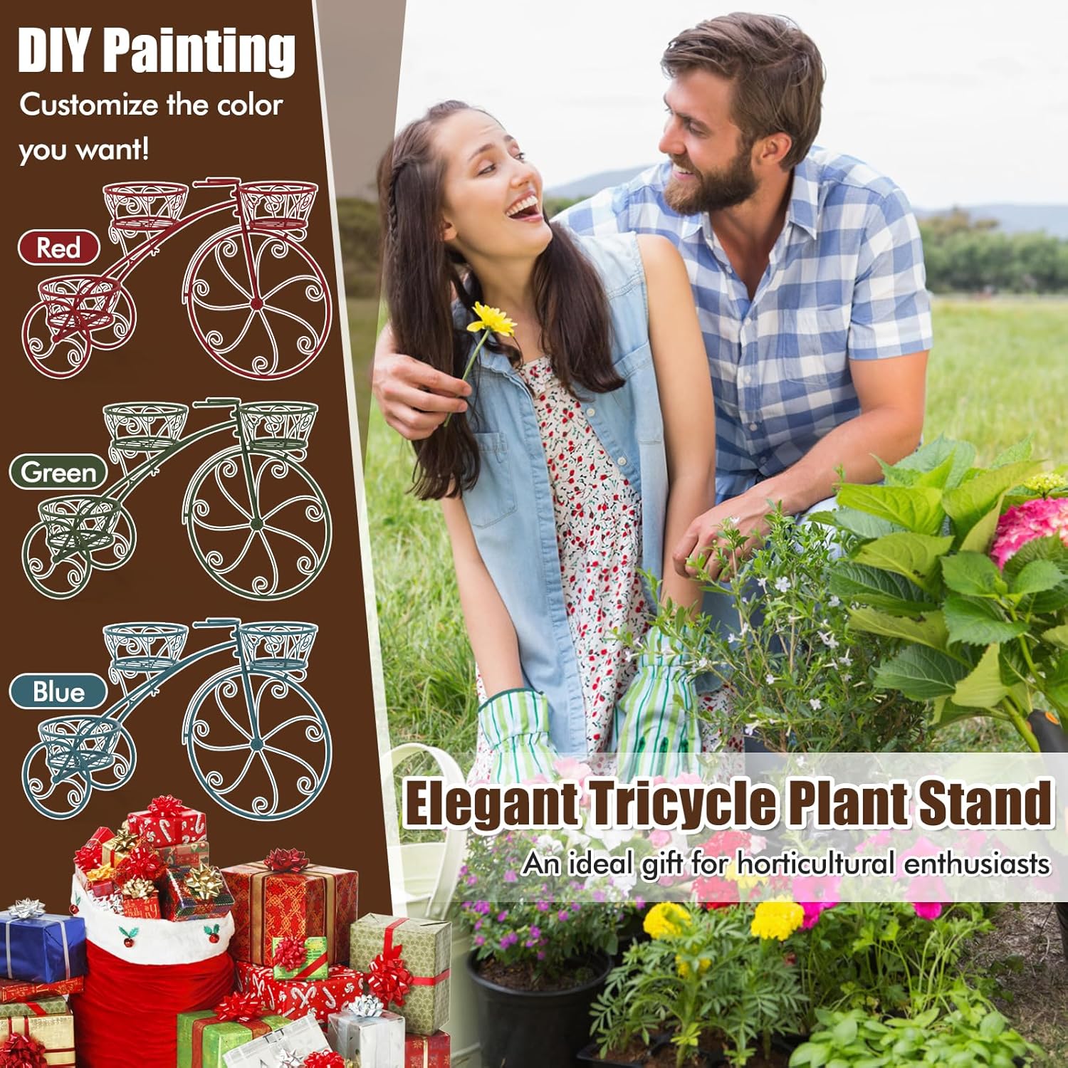 Giantex Metal Bicycle Planter, 3 Tier Tricycle Flower Plant Stand w/ 3 Decorative Wheels, Parisian Style Flower Display Stand Cart for Home Decor Patio Garden Flower Shop Indoor Outdoor (Bronze)