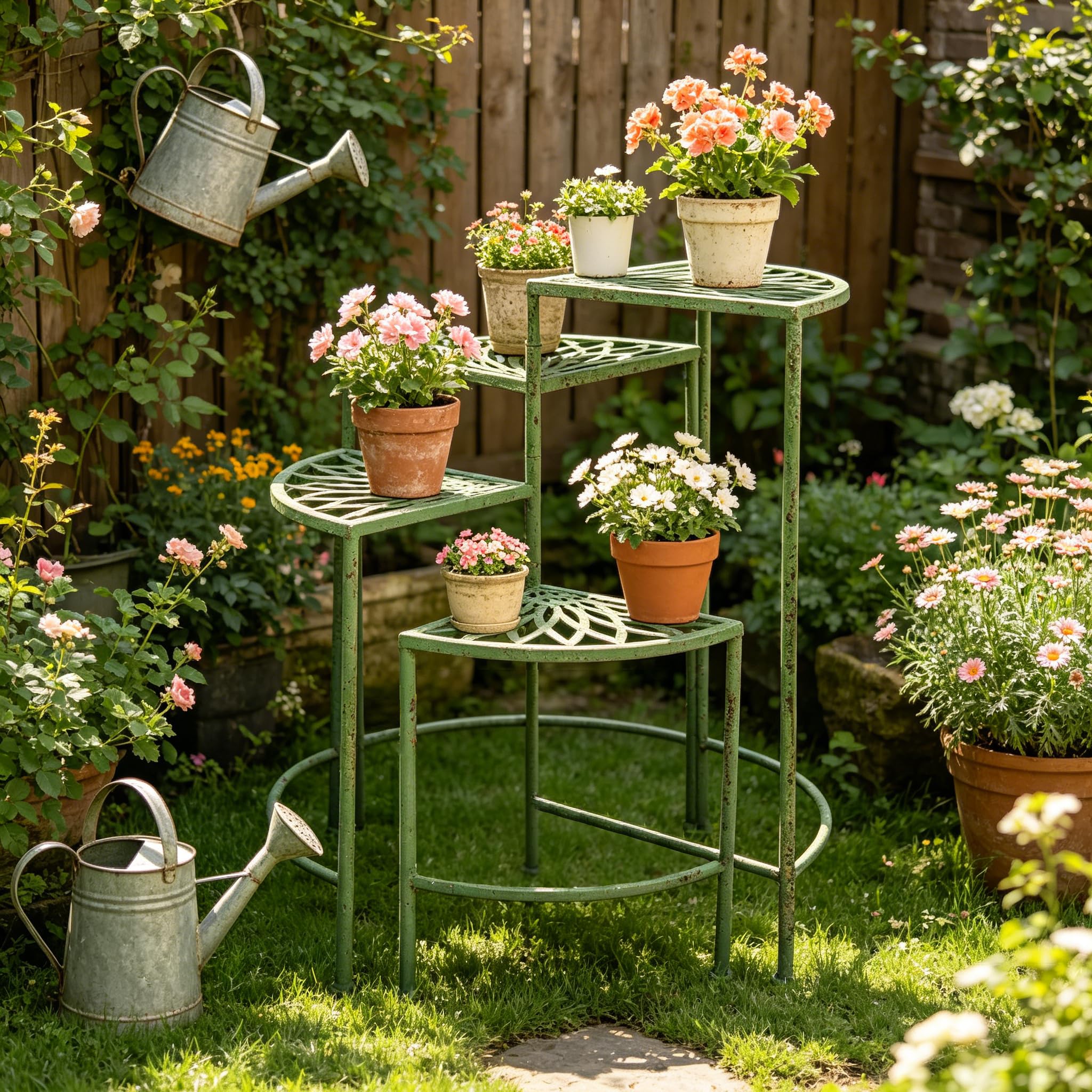 4-Tier Vintage Distressed Blue Metal Plant Stand, Foldable Corner Flower Pot Holder Shelf for Indoor Outdoor, Rustic Plant Rack for Patio Porch Garden Balcony Living Room