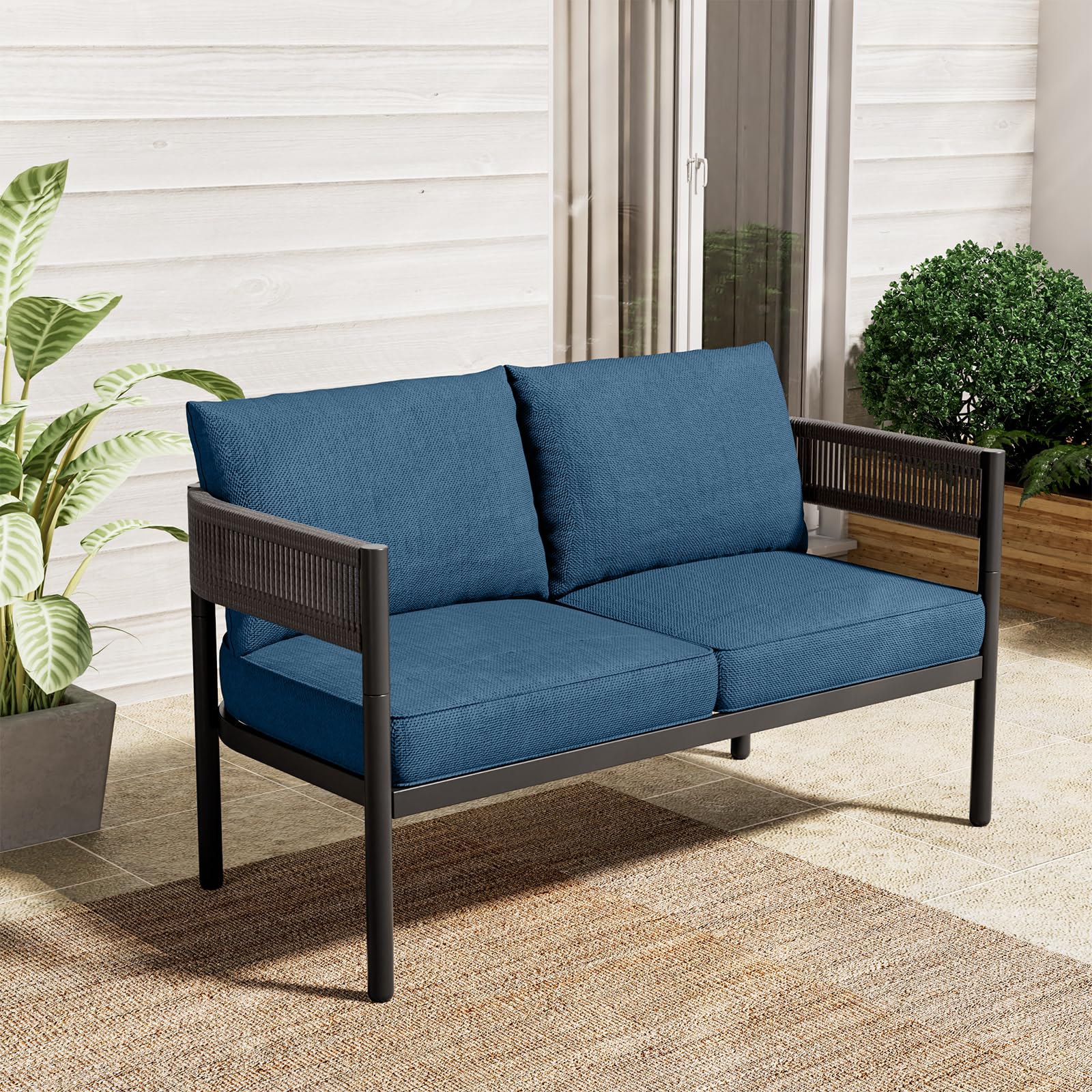 Gand Patio Outdoor 3-Seat Couch Sofa, Wicker Conversation Set with Thick Cushion for Porch, Garden, Yard, Natural