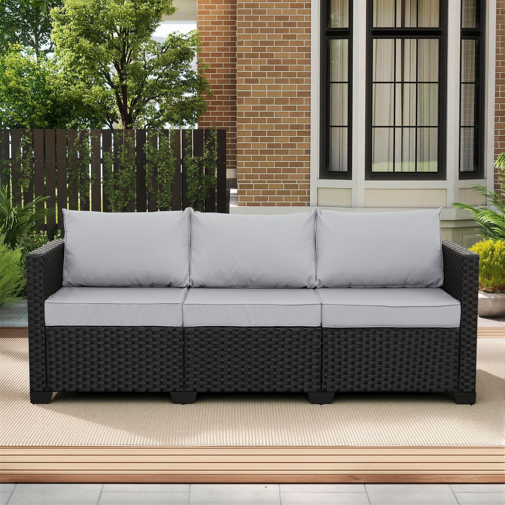Rattaner Patio Furniture 3-seat Sofa Wicker Outdoor Furniture Outdoor Couch Deep Seat Hight Backrest Waterproof Cover Anti-Slip Cushions, Khaki