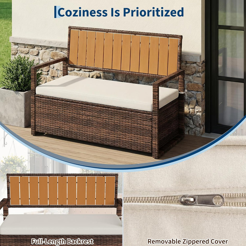 IDEALHOUSE PE Rattan Storage Bench with Cushion, Waterproof Patio Seat for Outdoor Use