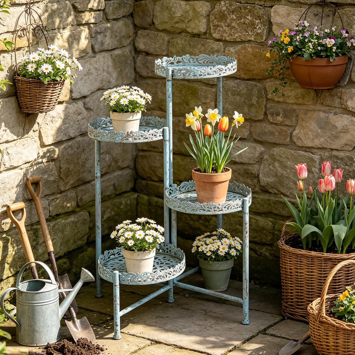 4 Tier Vintage Corner Plant Stand for Indoor Outdoor Distressed Metal Flower Pot Holder Shelves with Ornate Cutout Edges Multi-Level Planter Rack Display Corner Shelf Antique Foldable Tall Plant Shelf for Patio Porch Garden Balcony Living Room (Blue)