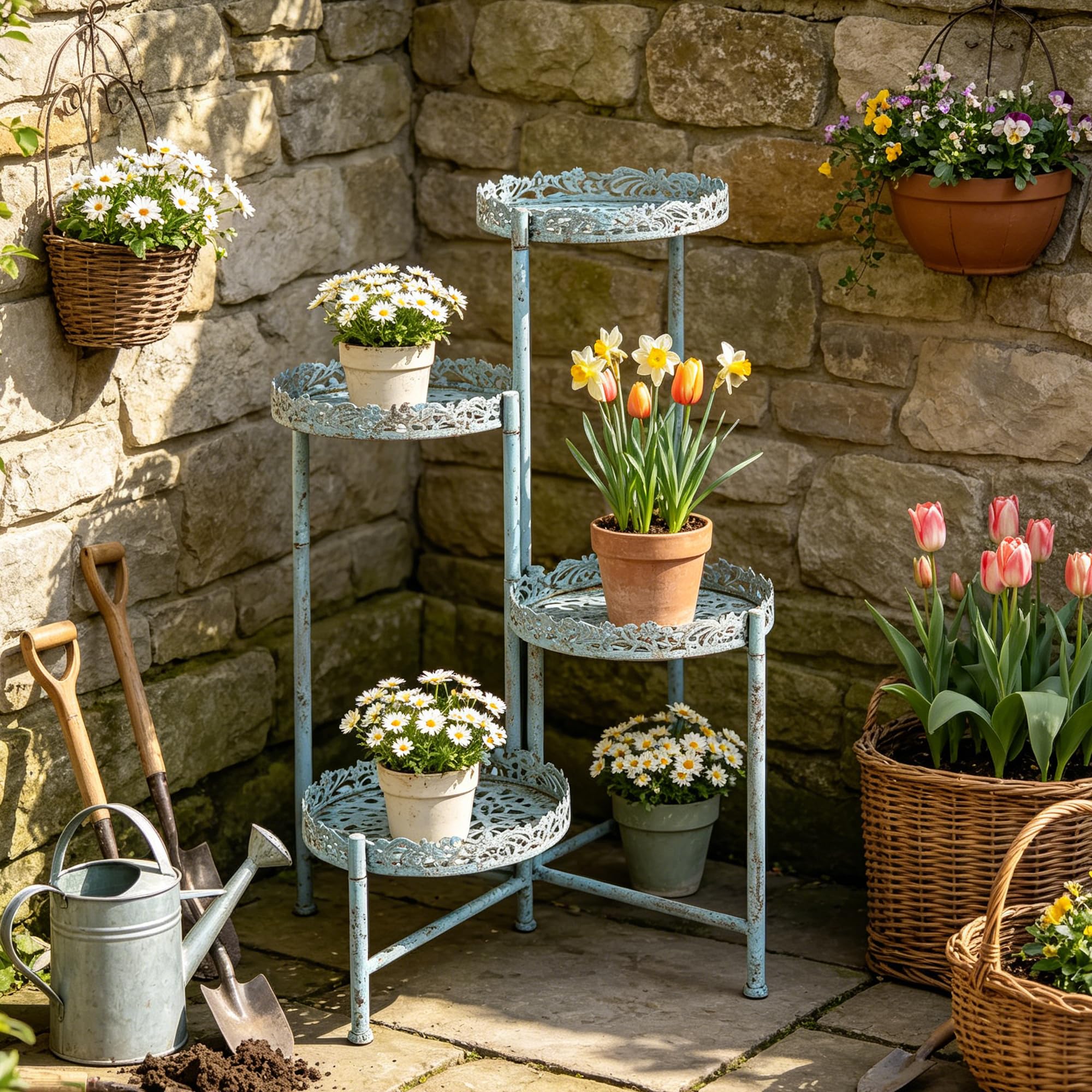 4 Tier Vintage Corner Plant Stand for Indoor Outdoor Distressed Metal Flower Pot Holder Shelves with Ornate Cutout Edges Multi-Level Planter Rack Display Corner Shelf Antique Foldable Tall Plant Shelf for Patio Porch Garden Balcony Living Room (Blue)