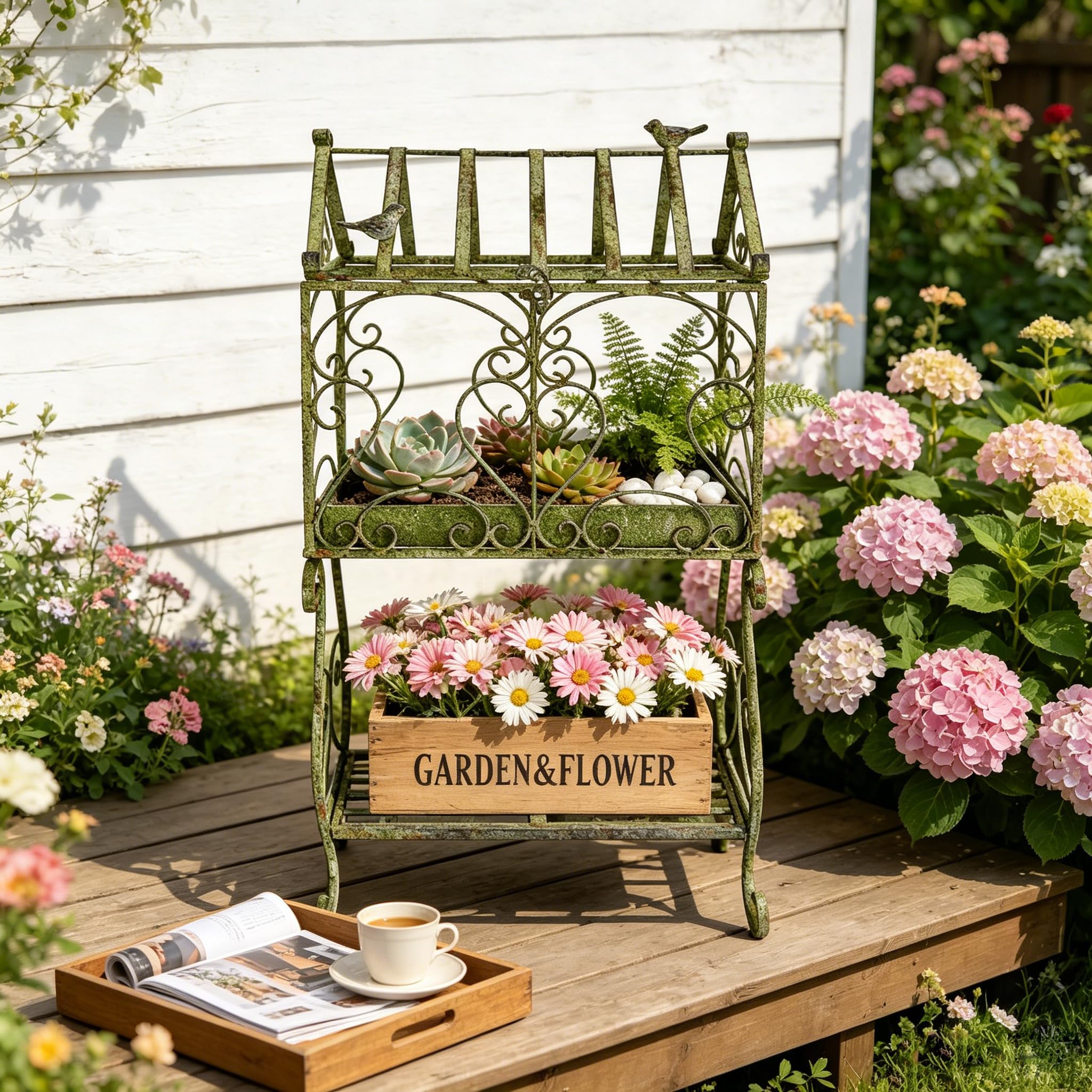 4 Tier Vintage Corner Plant Stand for Indoor Outdoor Distressed Metal Flower Pot Holder Shelves with Ornate Cutout Edges Multi-Level Planter Rack Display Corner Shelf Antique Foldable Tall Plant Shelf for Patio Porch Garden Balcony Living Room (Blue)
