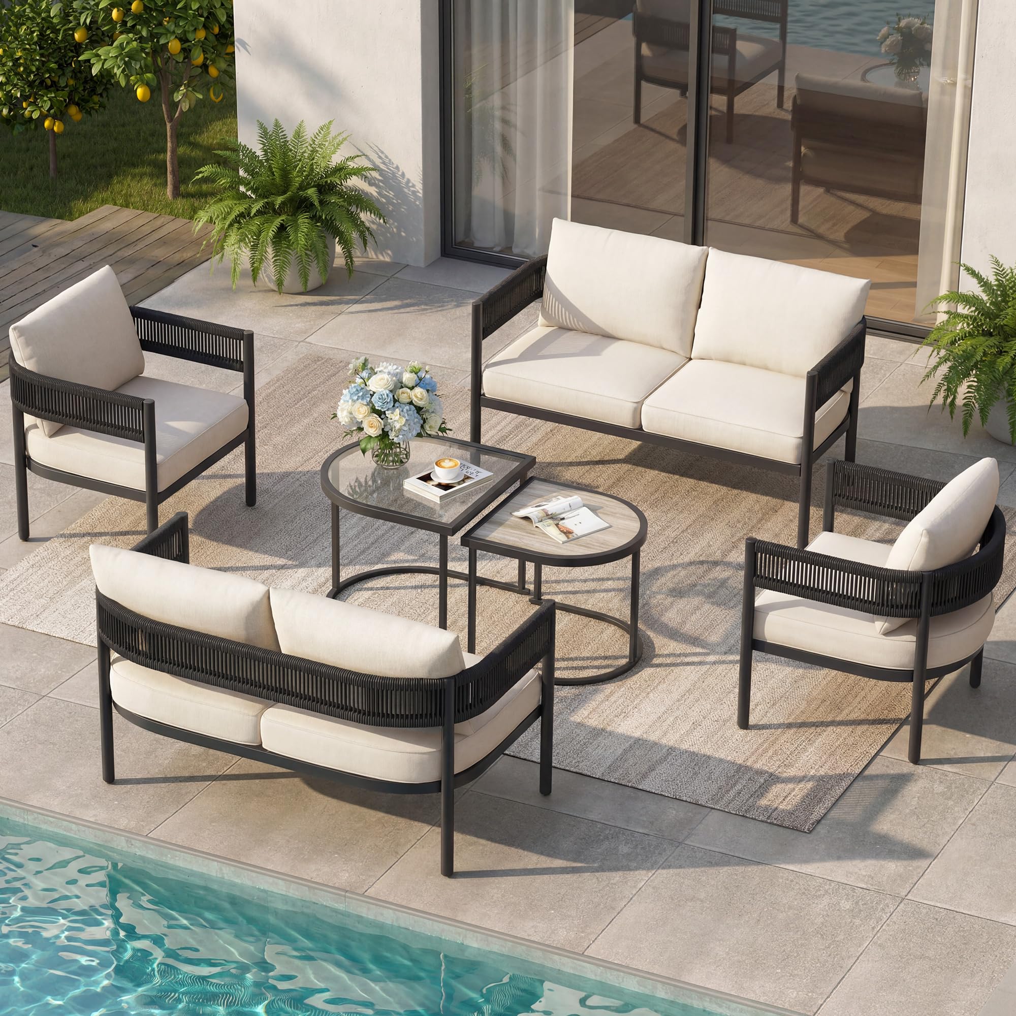 Gand Patio Outdoor 3-Seat Couch Sofa, Wicker Conversation Set with Thick Cushion for Porch, Garden, Yard, Natural