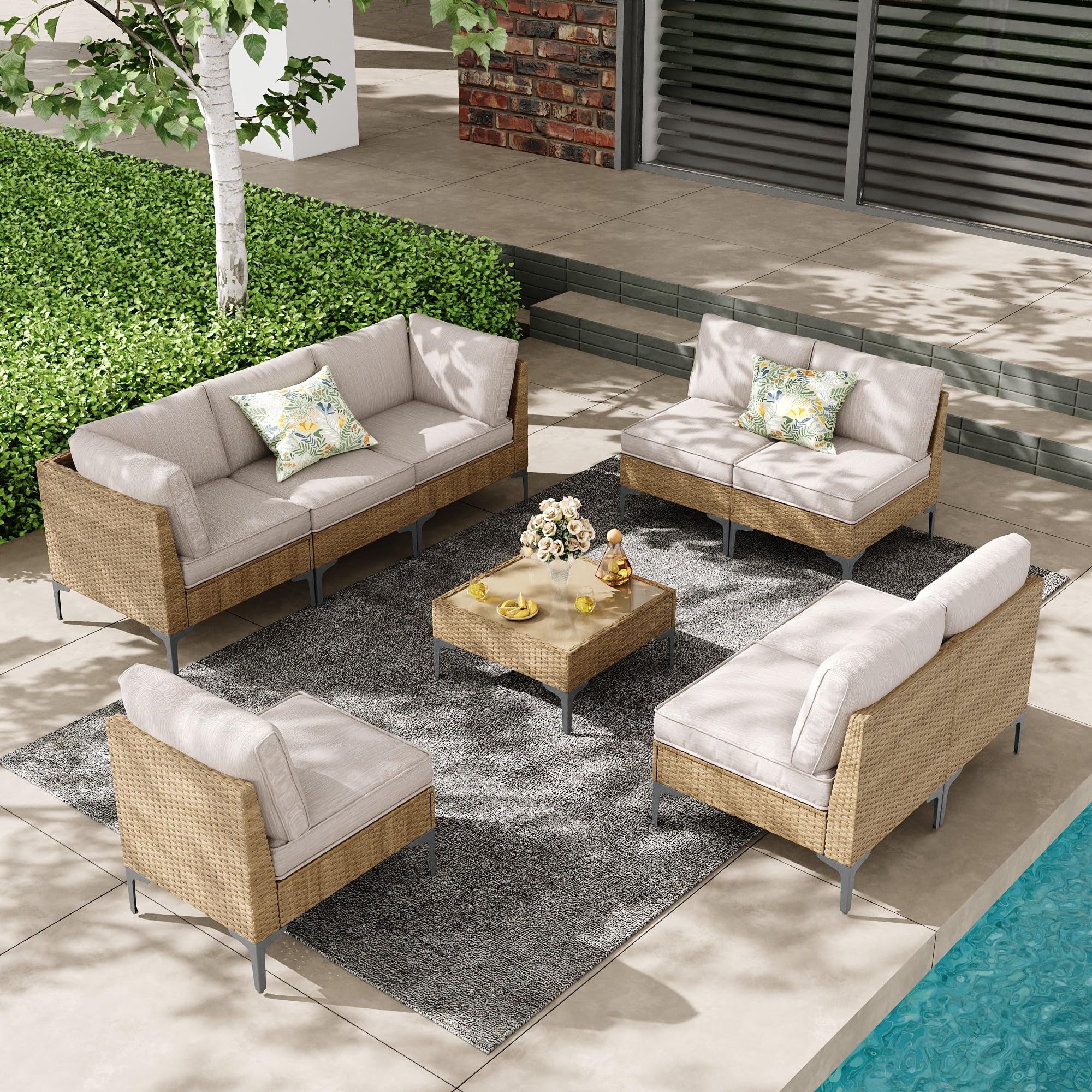 5-Piece Wicker Patio Furniture Set with Coffee Table & Thick Weatherproof Cushions, Beige