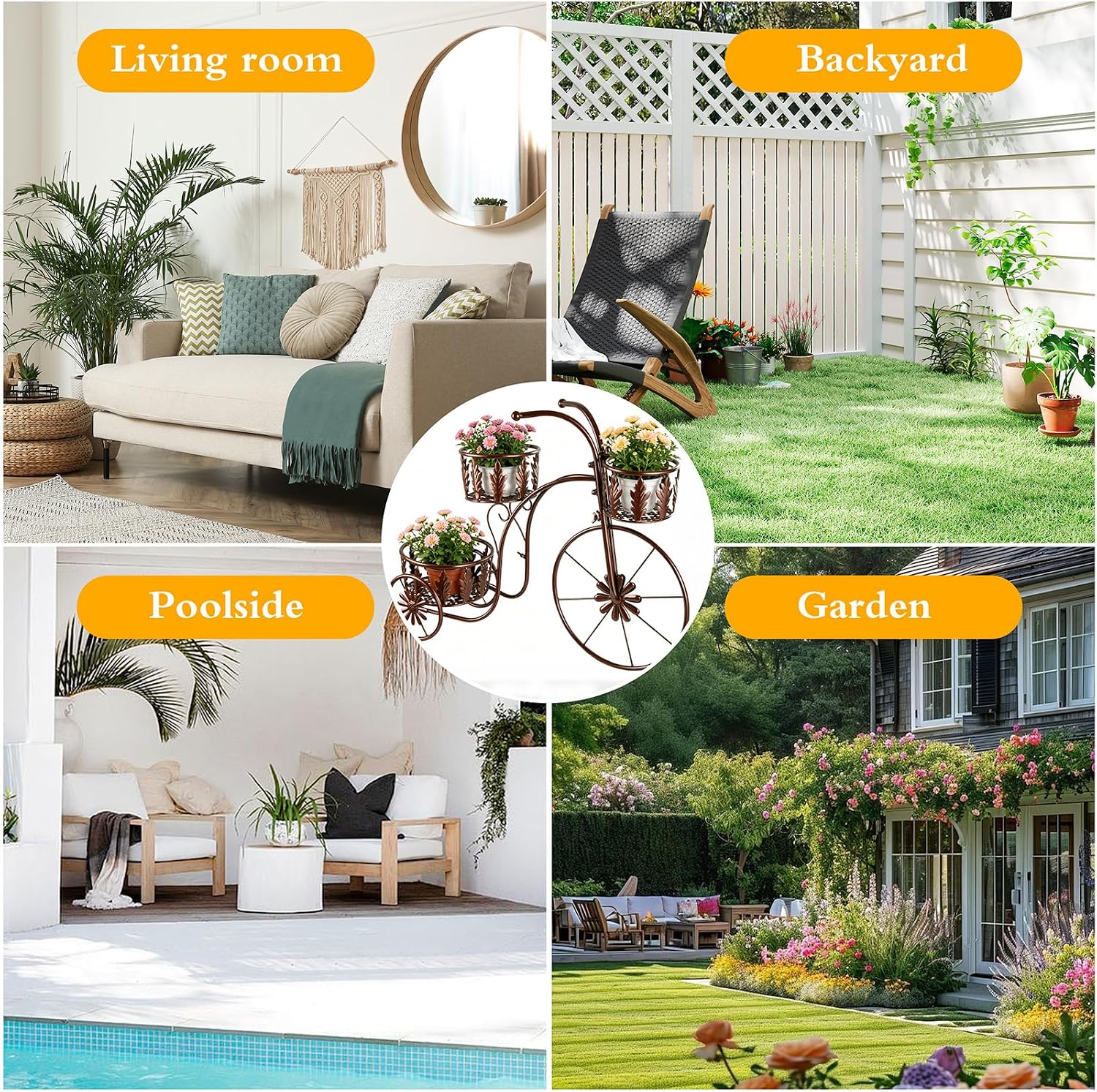 Metal Bicycle Planter Stand, 3 Tier Flower Pot Stand Cart with 3 Plant Buckets, Outdoor Garden Decorative Planter for Yard Patio Lawn Flower Shop Home Decor (Bronze)