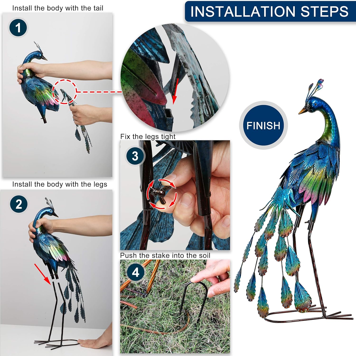 TERESA'S Collections Outdoor Decor Peacock Yard Art Garden Sculptures & Statues,Blue Small Metal Bird Lawn Ornaments,22.4" Outside Mardi Gras Decorations for Porch,Patio,Pond Decor,Gifts for Mom