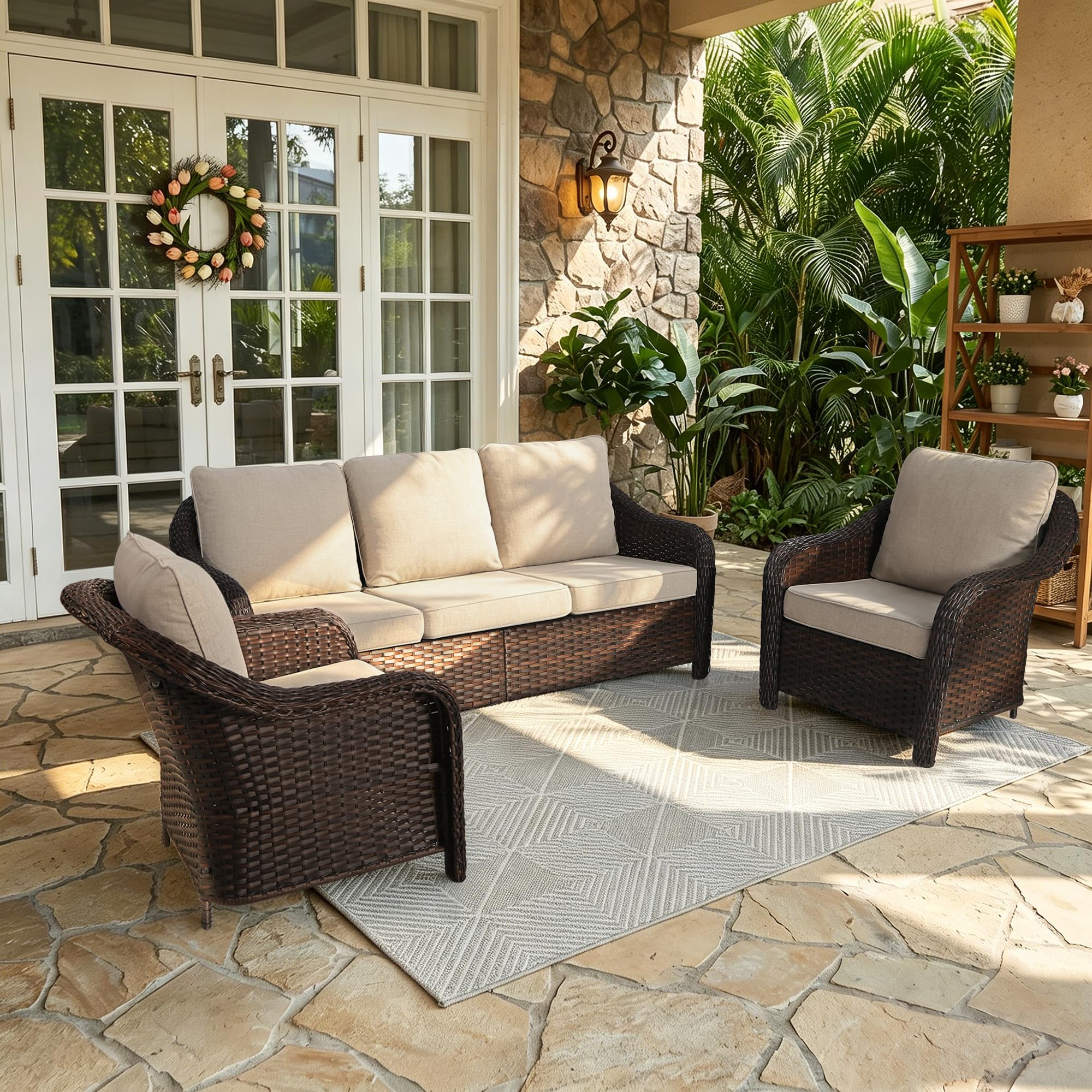 77 inch Outdoor Wicker 3 Seater Sofa, All-Weather Use Patio Rattan Sofa with Seat and Back Cushion, Ideal for Porch, Backyard, Balcony, Poolside, Beige