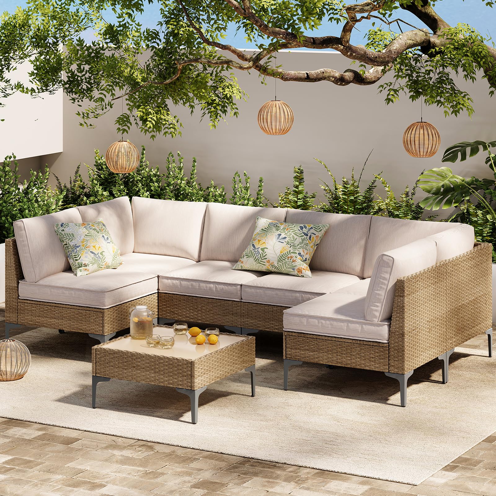5-Piece Wicker Patio Furniture Set with Coffee Table & Thick Weatherproof Cushions, Beige