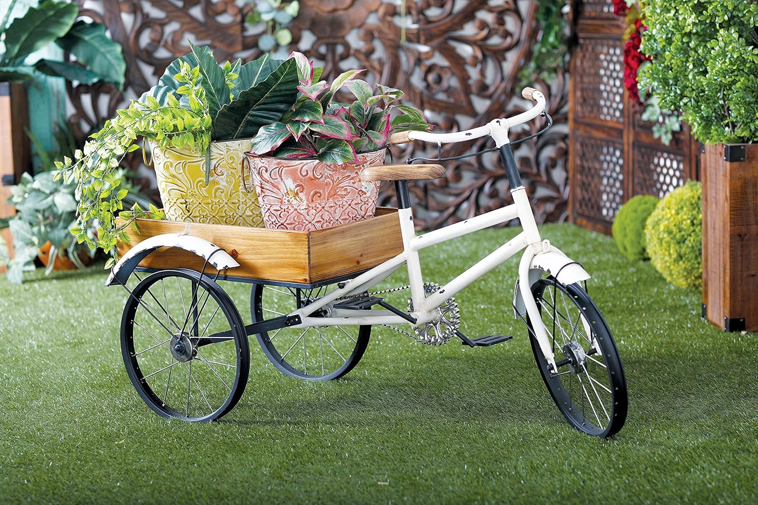 Deco 79 Metal Bike Indoor Outdoor Plantstand Indoor Outdoor Vintage Plant Shelf with Brown Wood Accents, Plant Stand 48" x 24" x 24", White