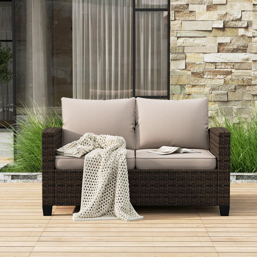 HERA'S HOUSE Outdoor Patio Sofa, 3-Seat Wicker Couch with Waterproof Thick Cushions, Deep Seating Furniture for Garden Porch Backyard, Beige